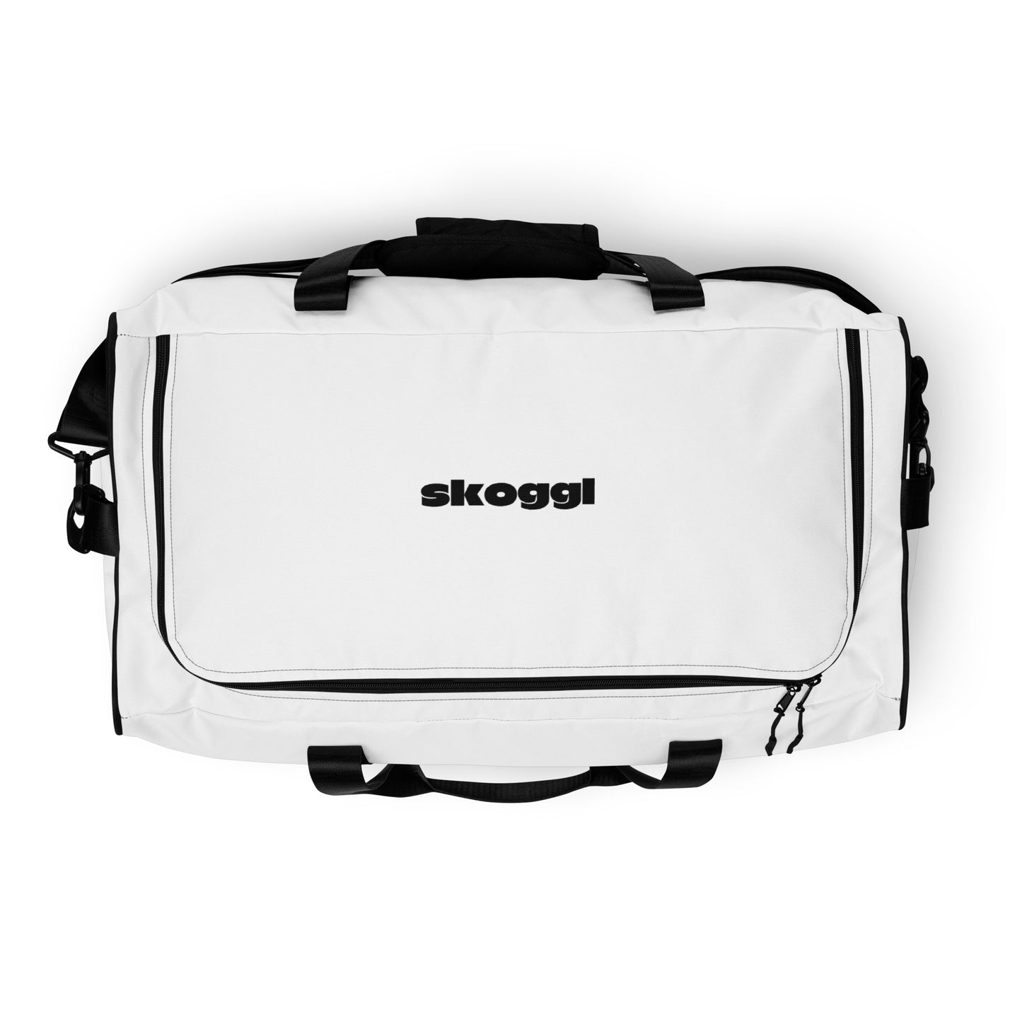 White gym duffel bag with black handles and straps on a white background, featuring the 'skoggl' brand.