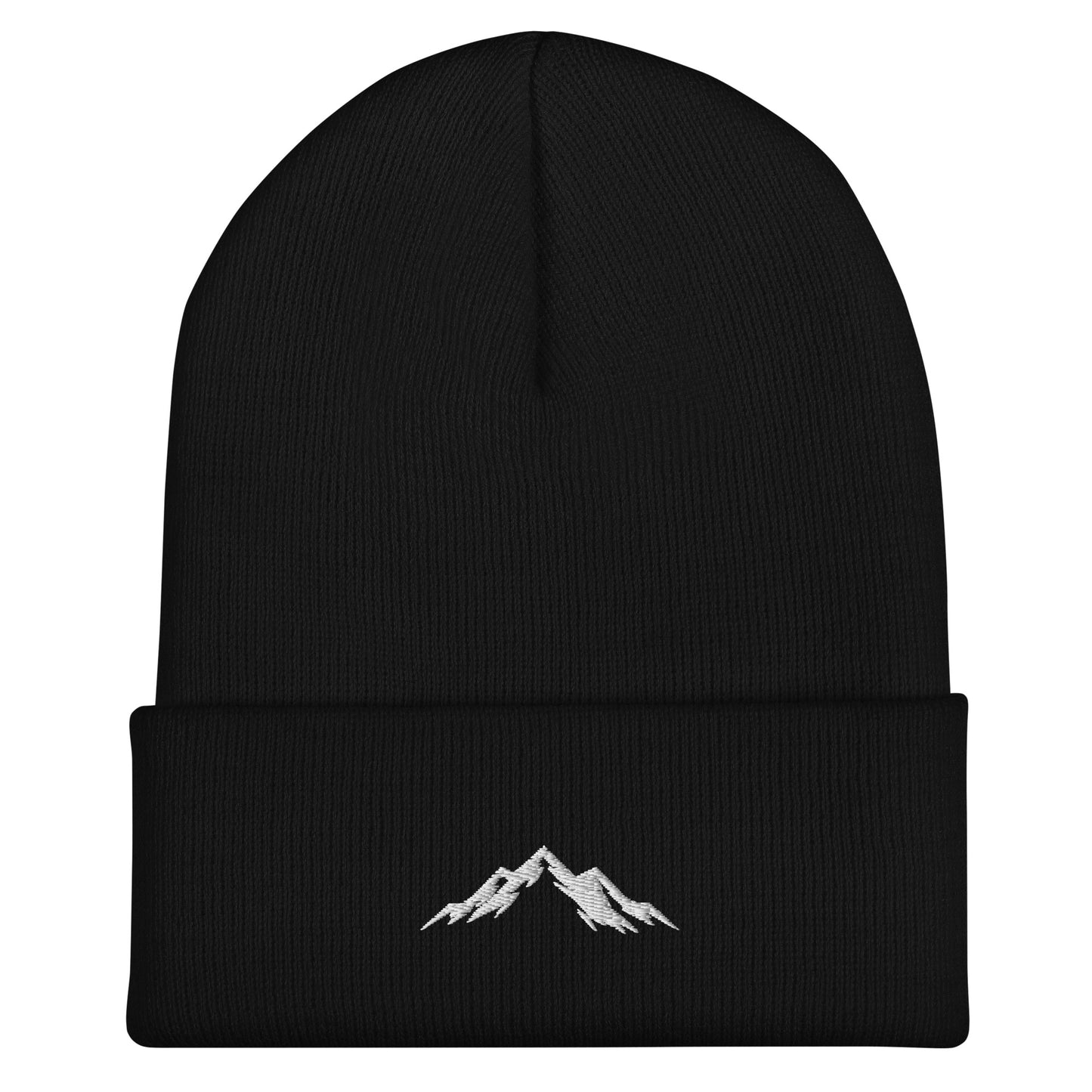 Black beanie with skoggl mountain embroidery on a white background
