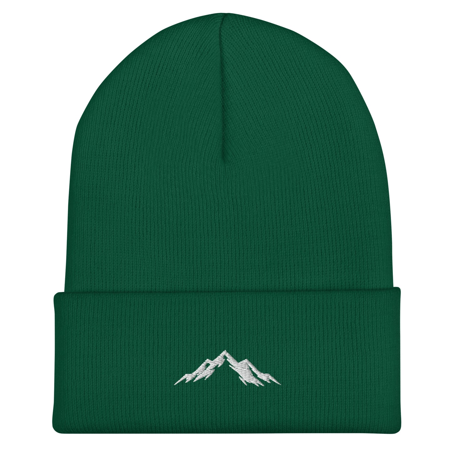 Green beanie with skoggl mountain design on a white background