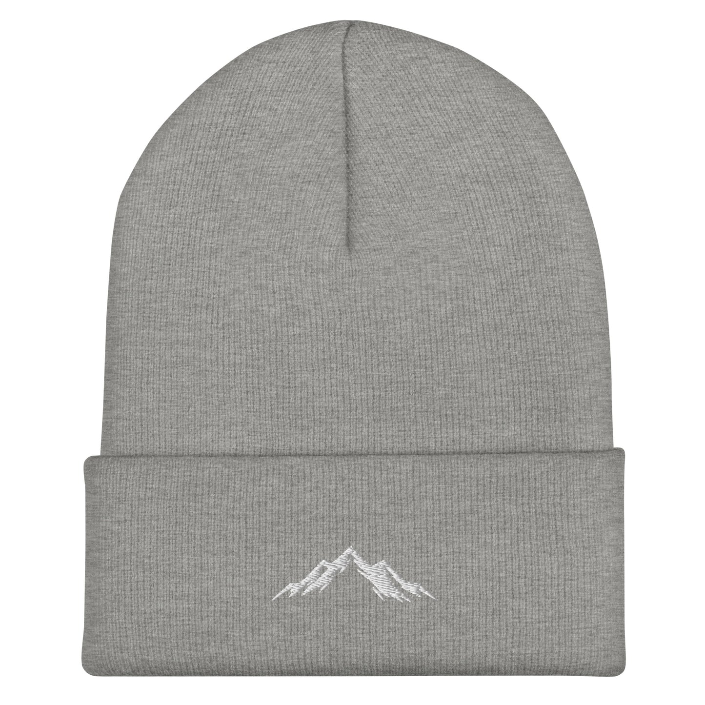 Gray beanie with skoggl logo mountain embroidery on a white background