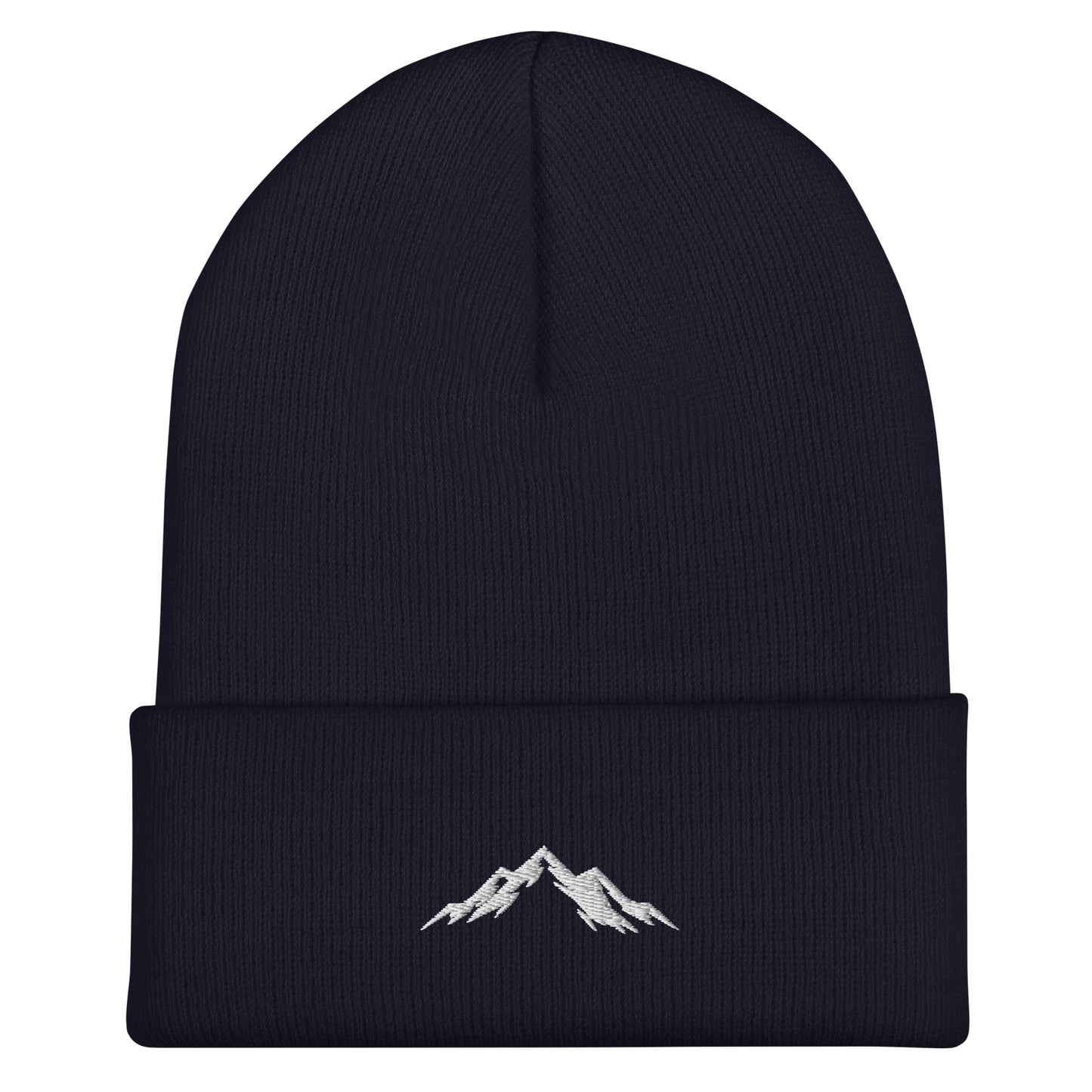 Navy beanie with skoggl mountain embroidery on a white background