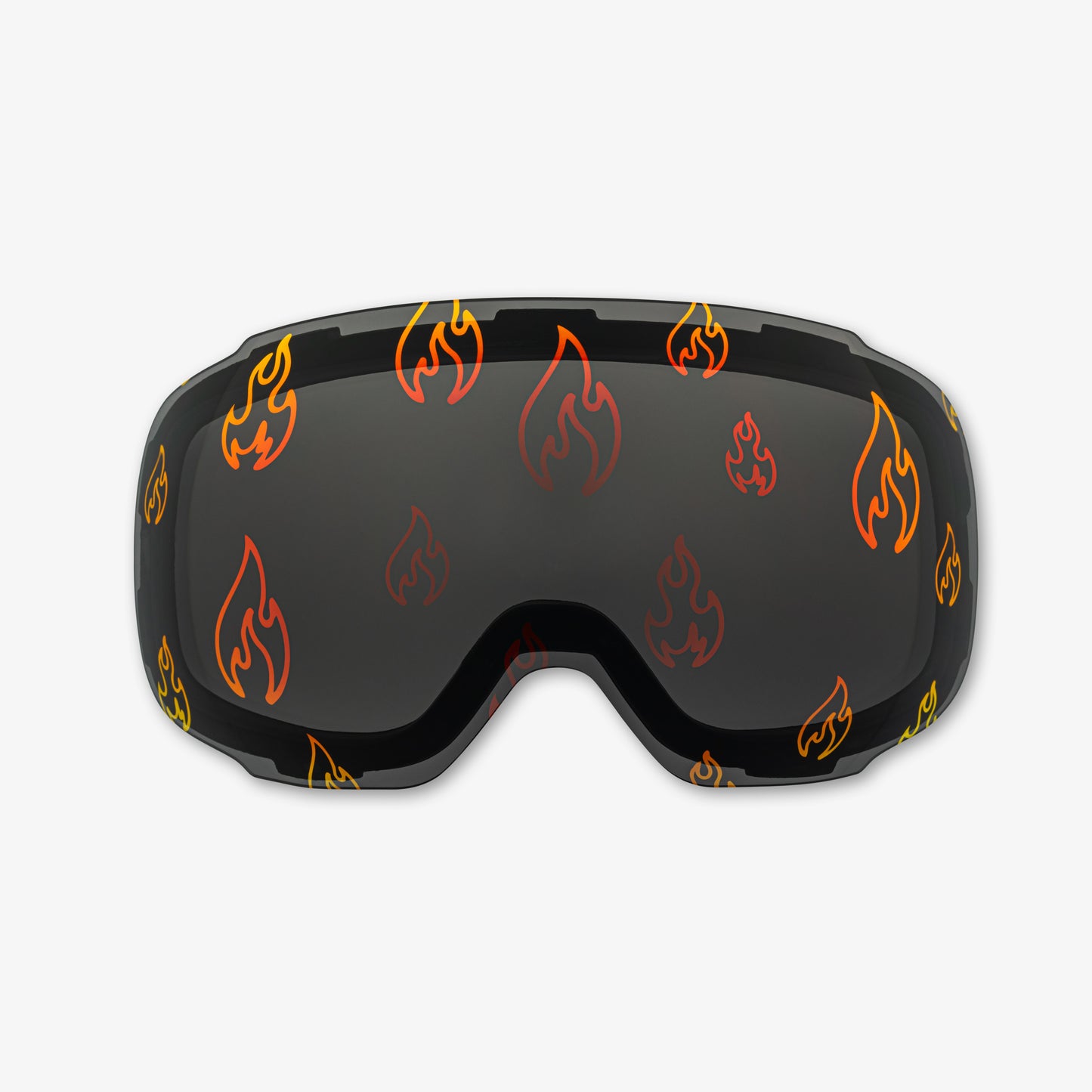 Close-up of the Flame Lens, a magnetic ski and snowboard goggle lens featuring bold fire designs. Showcases the easy-swap magnetic feature, boldpatterns, and high-performance clarity for style and adaptability in all winter conditions. Perfect for pairing with Skoggl frames.