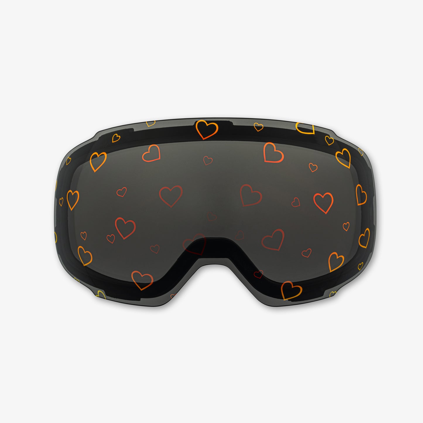 Close-up of the Sweetheart Lens, a magnetic ski and snowboard goggle lens featuring playful heart designs. Showcases the easy-swap magnetic feature, vibrant colors, and high-quality clarity for style and performance on the slopes. Perfect for pairing with Skoggl frames.