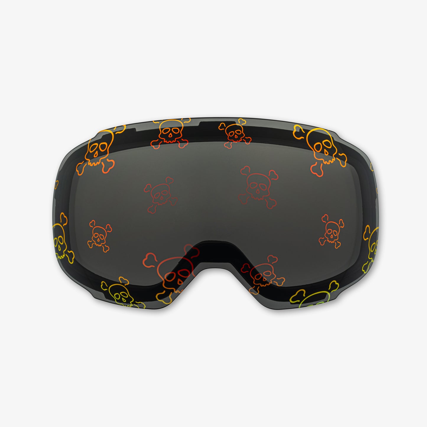 Close-up of the Skully Lens, a magnetic ski and snowboard goggle lens featuring bold Skull & Crossbones designs. Showcases the easy-swap magnetic feature, elegant patterns, and high-performance clarity for style and adaptability in all winter conditions. Perfect for pairing with Skoggl frames.