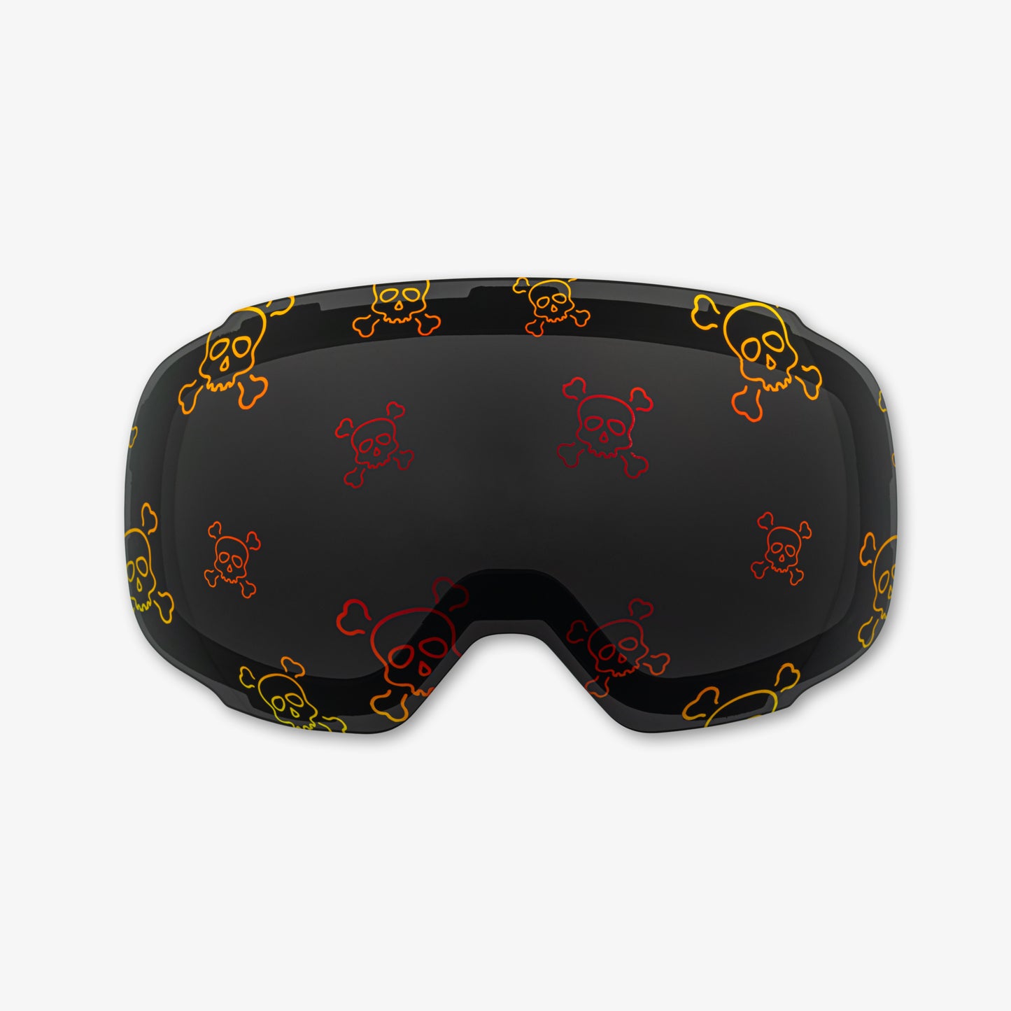 Close-up of the Skully Lens, a magnetic ski and snowboard goggle lens featuring bold Skull & Crossbones designs. Showcases the easy-swap magnetic feature, elegant patterns, and high-performance clarity for style and adaptability in all winter conditions. Perfect for pairing with Skoggl frames.