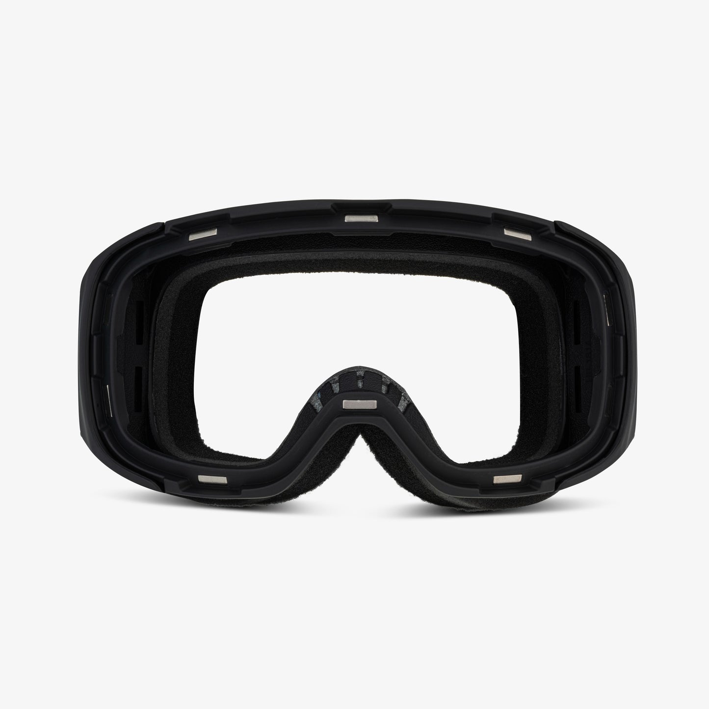 Black ski and snowboard goggle frame with an empty lens slot, showcasing the magnetic lens feature for easy swaps. Viewed from the front against a plain white background, highlighting its sleek, customizable design and compatibility with Skoggl lenses and straps for style and performance on the slopes.