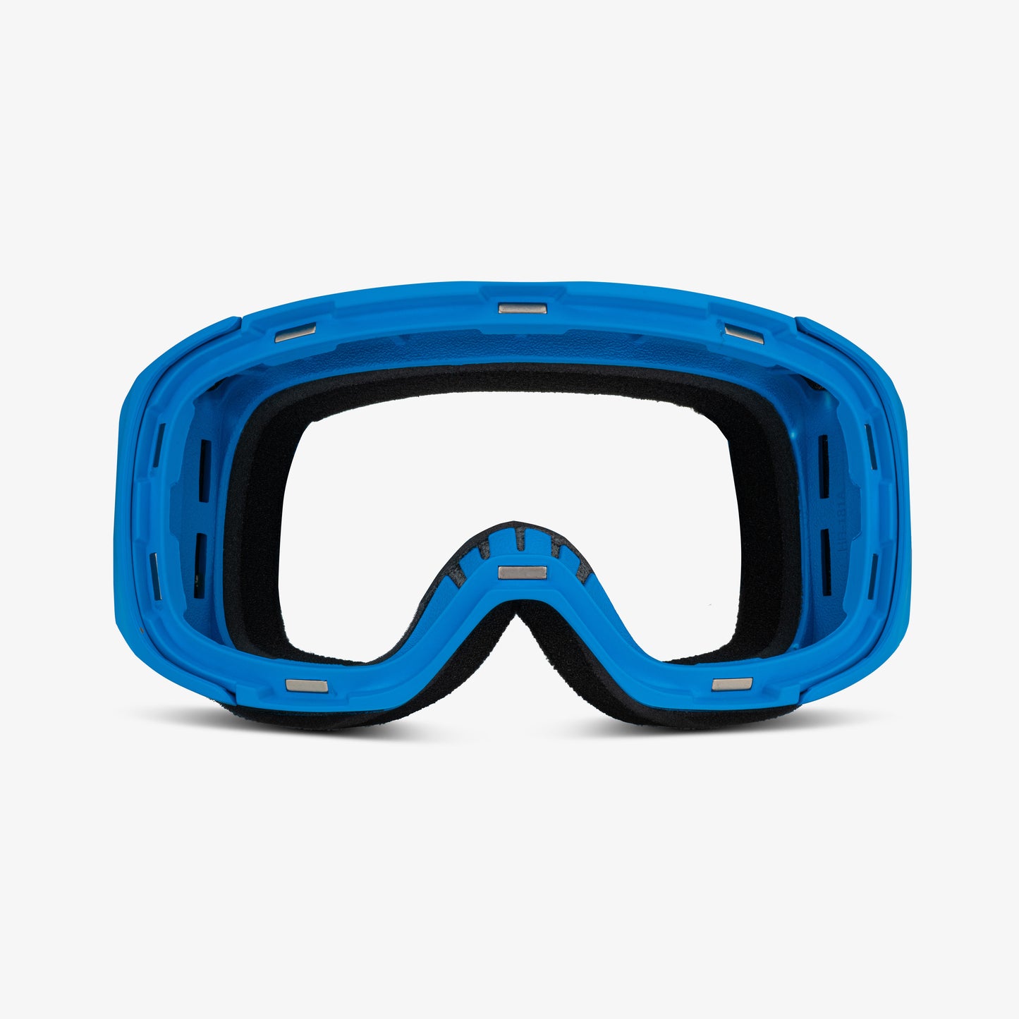 Blue ski and snowboard goggle frame with an empty lens slot, showcasing the magnetic lens feature for easy swaps. Viewed from the front against a plain white background, highlighting its sleek, customizable design and compatibility with Skoggl lenses and straps for style and performance on the slopes.