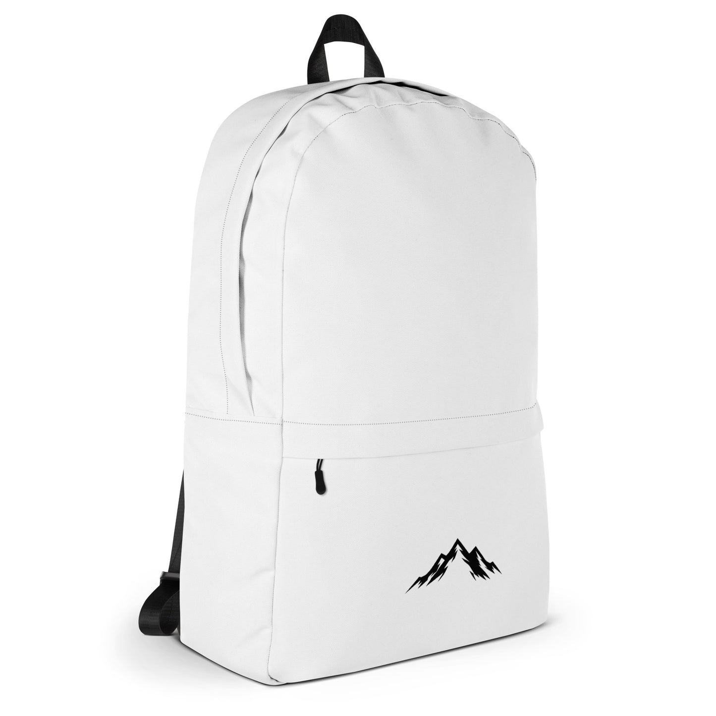 White skoggl backpack with a black mountain logo on a white background