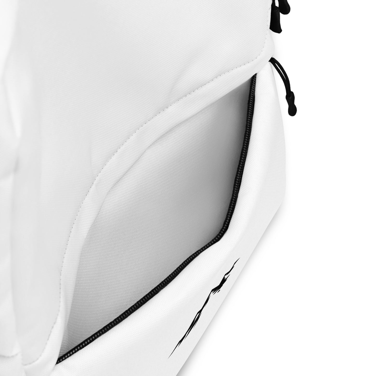 Close-up of a white skoggl backpack with black zipper and pocket on the front on a light gray background
