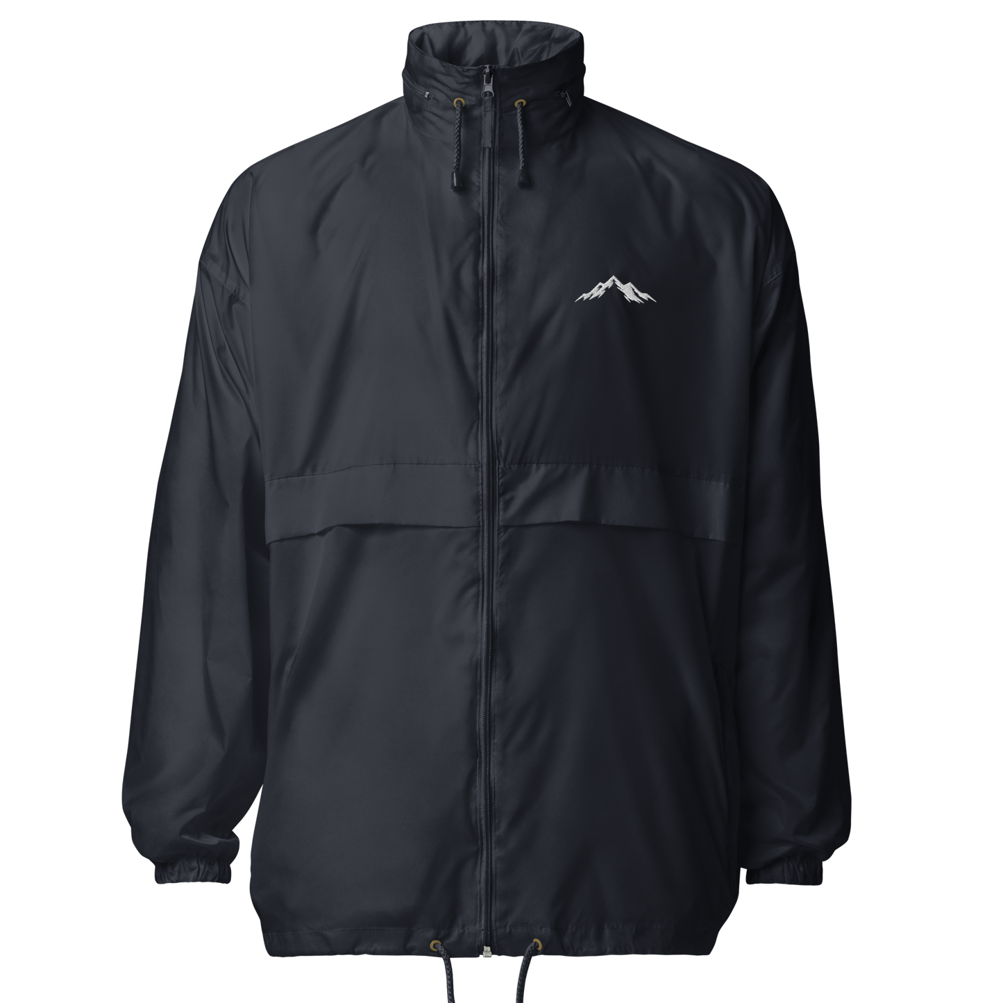 A Navy windproof jacket with a small skoggl logo on the right chest