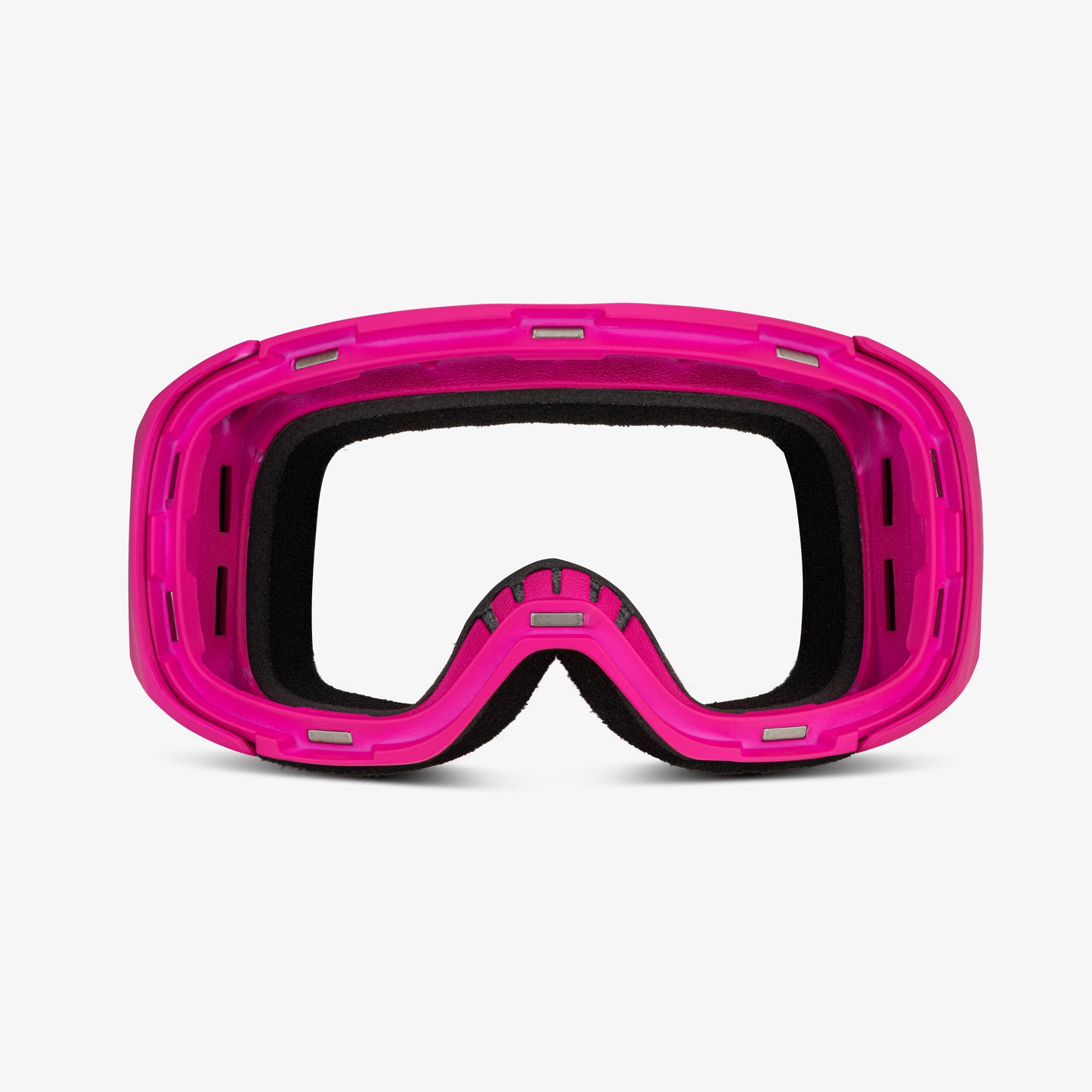 Pink ski goggle frame with an empty lens slot, showcasing the magnetic lens feature for easy swaps. Viewed from the front against a plain white background, highlighting its sleek, customizable design and compatibility with Skoggl lenses and straps for style and performance on the slopes.