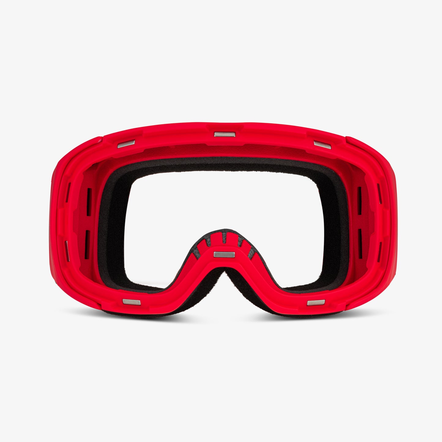 Red ski and snowboard goggle frame with an empty lens slot, showcasing the magnetic lens feature for easy swaps. Viewed from the front against a plain white background, highlighting its sleek, customizable design and compatibility with Skoggl lenses and straps for style and performance on the slopes.