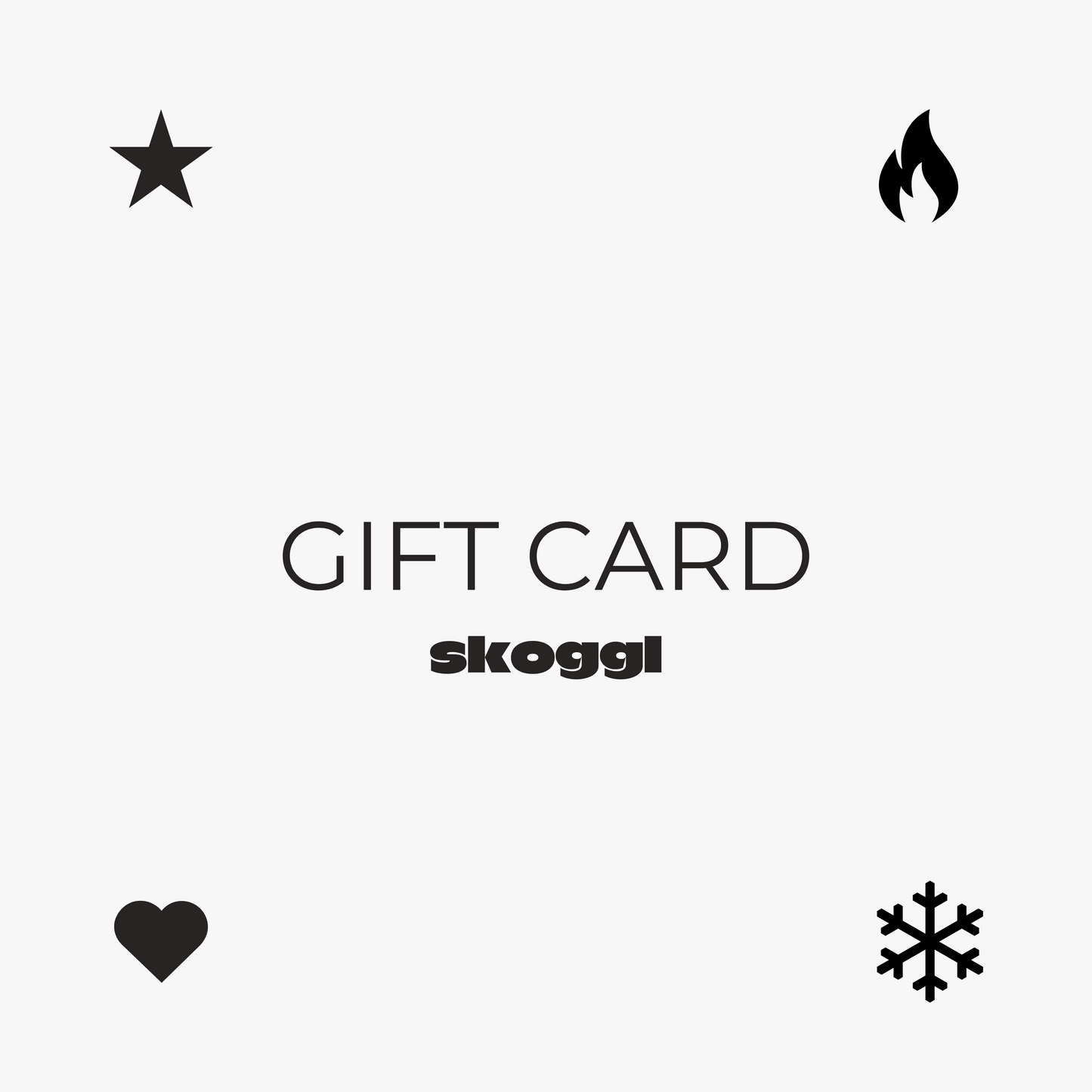 A gift card for Skoggl ski and snowboard goggles, featuring a clean and modern design. In each corner of the card, there are small icons representing Skoggl's lens designs: a heart, a star, a snowflake, and a fire symbol.