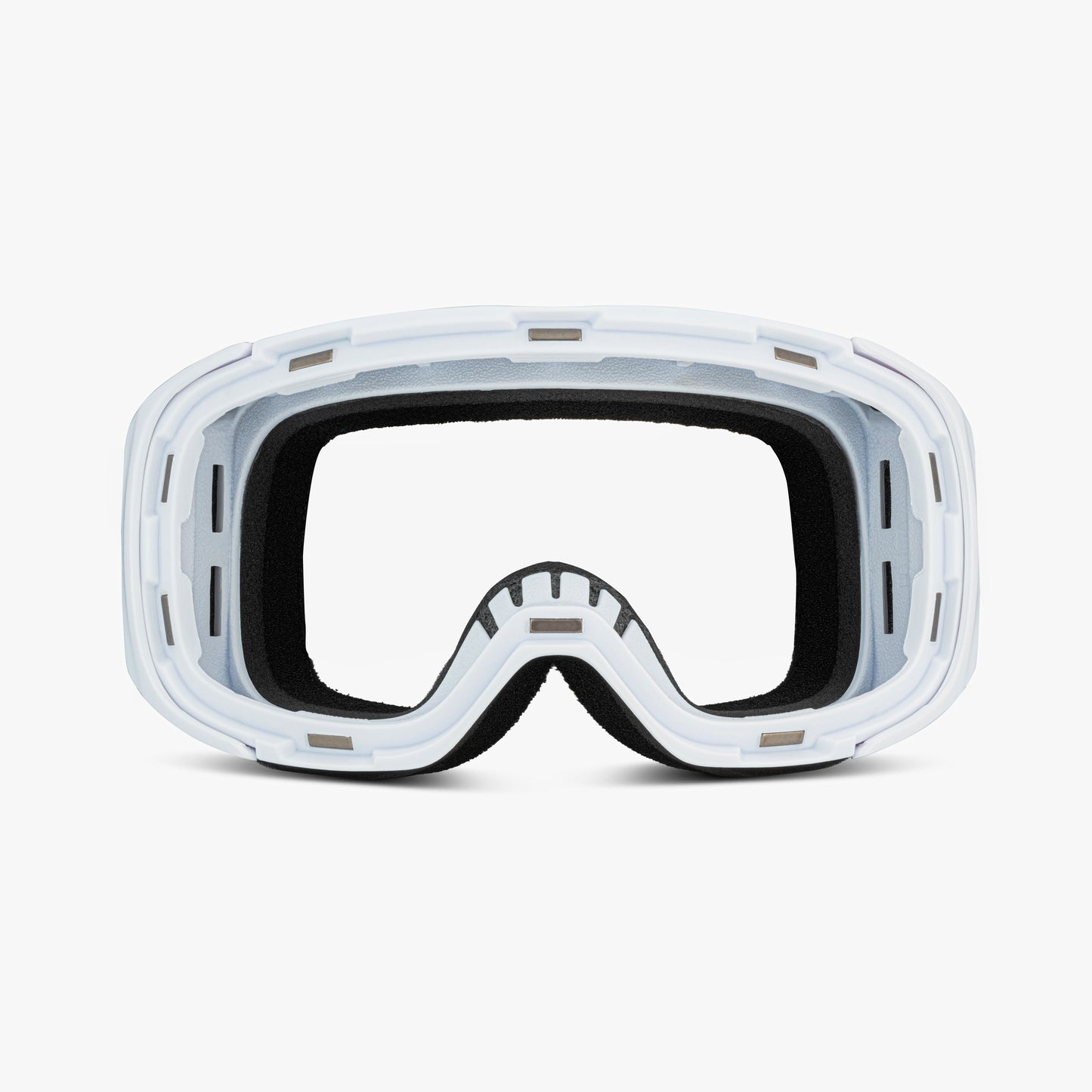 White ski and snowboard goggle frame with an empty lens slot, showcasing the magnetic lens feature for easy swaps. Viewed from the front against a plain white background, highlighting its sleek, customizable design and compatibility with Skoggl lenses and straps for style and performance on the slopes.