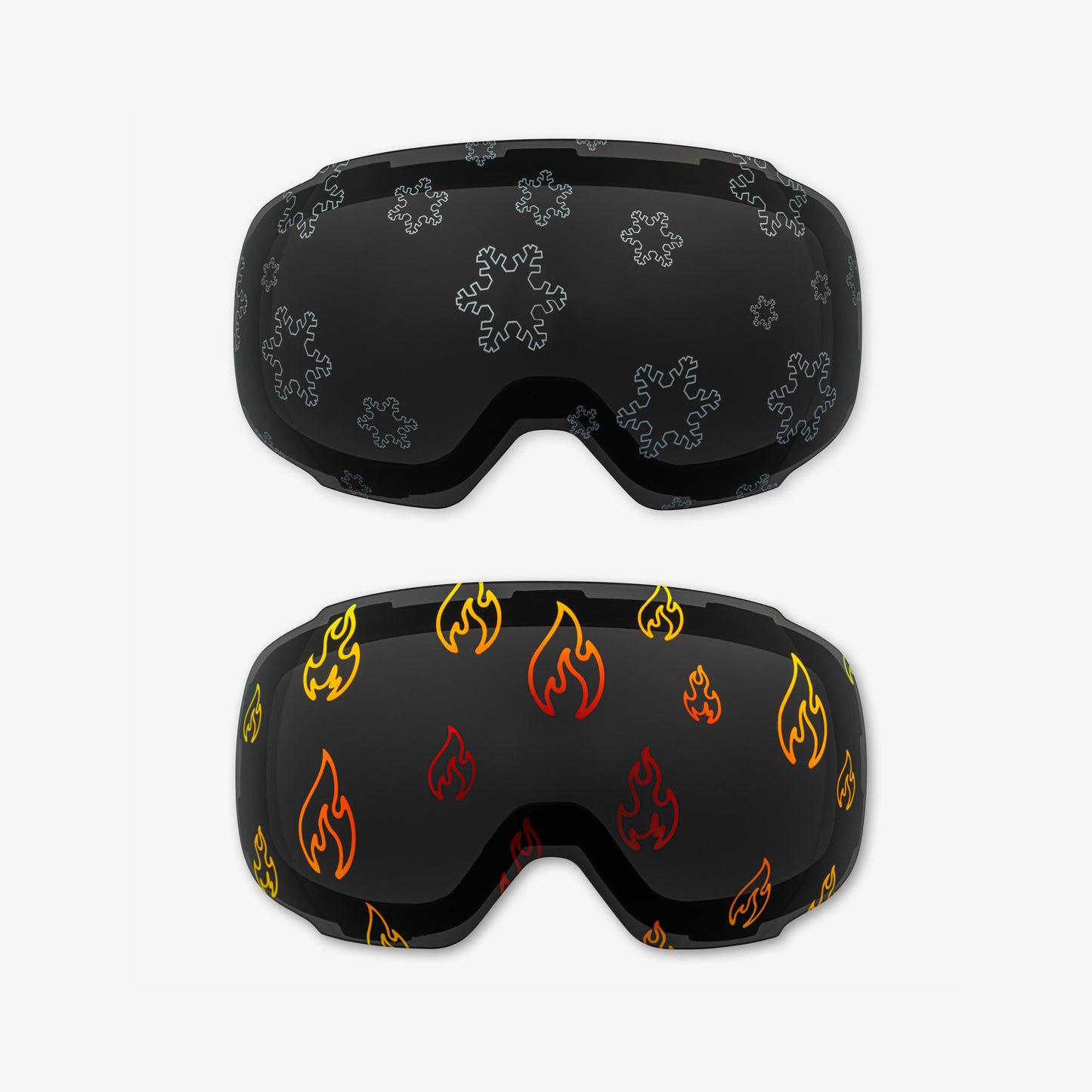 Skoggl ski and snowboard goggles featuring unique lens designs like star, heart, fire, snowflake, and skull and crossbone patterns. These stylish lenses combine bold aesthetics with crystal-clear visibility, perfect for winter sports enthusiasts. Shop our discounted lens bundles for the best deals on high-performance goggles.