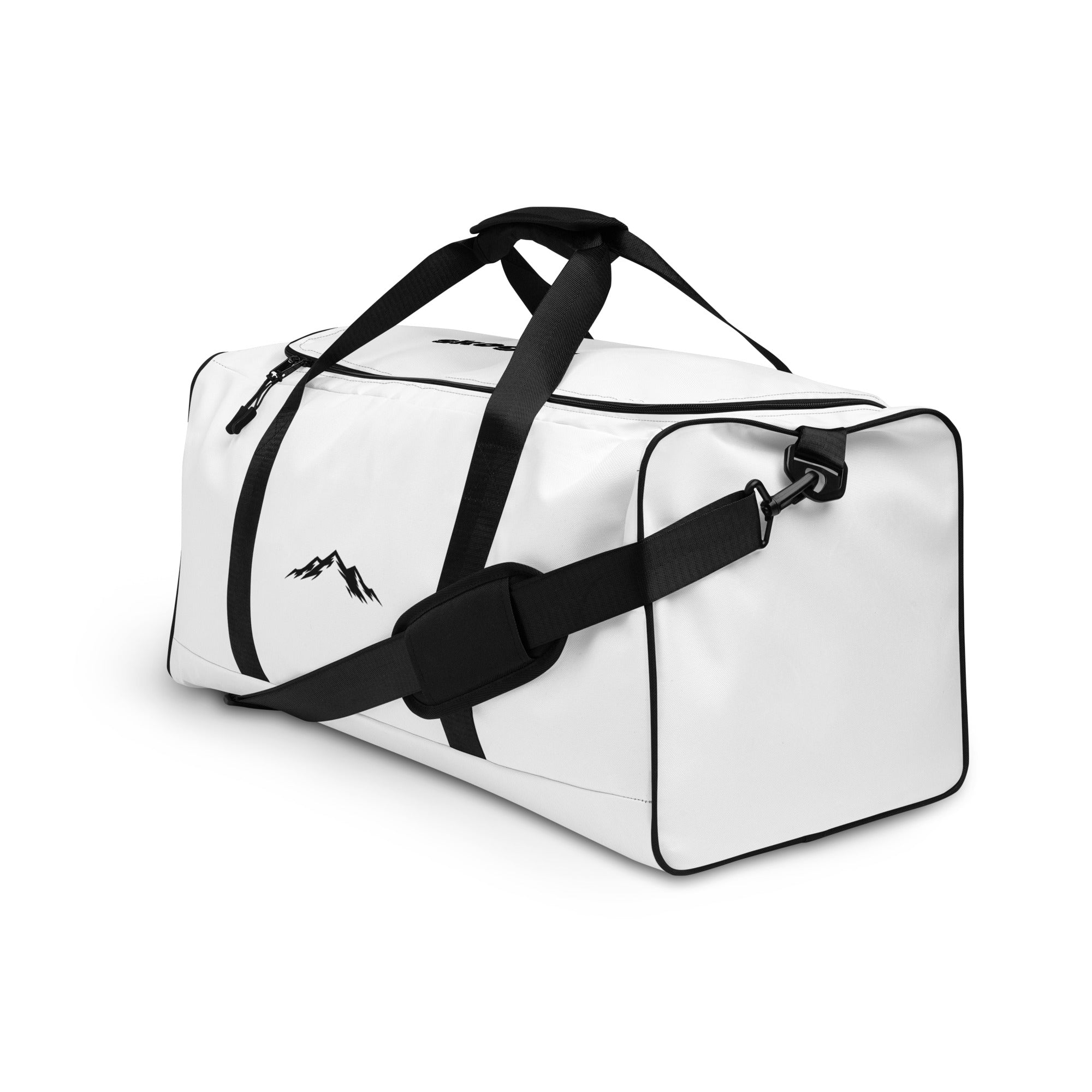 White duffel bag with black straps on a white background with the skoggl brand logo on the front