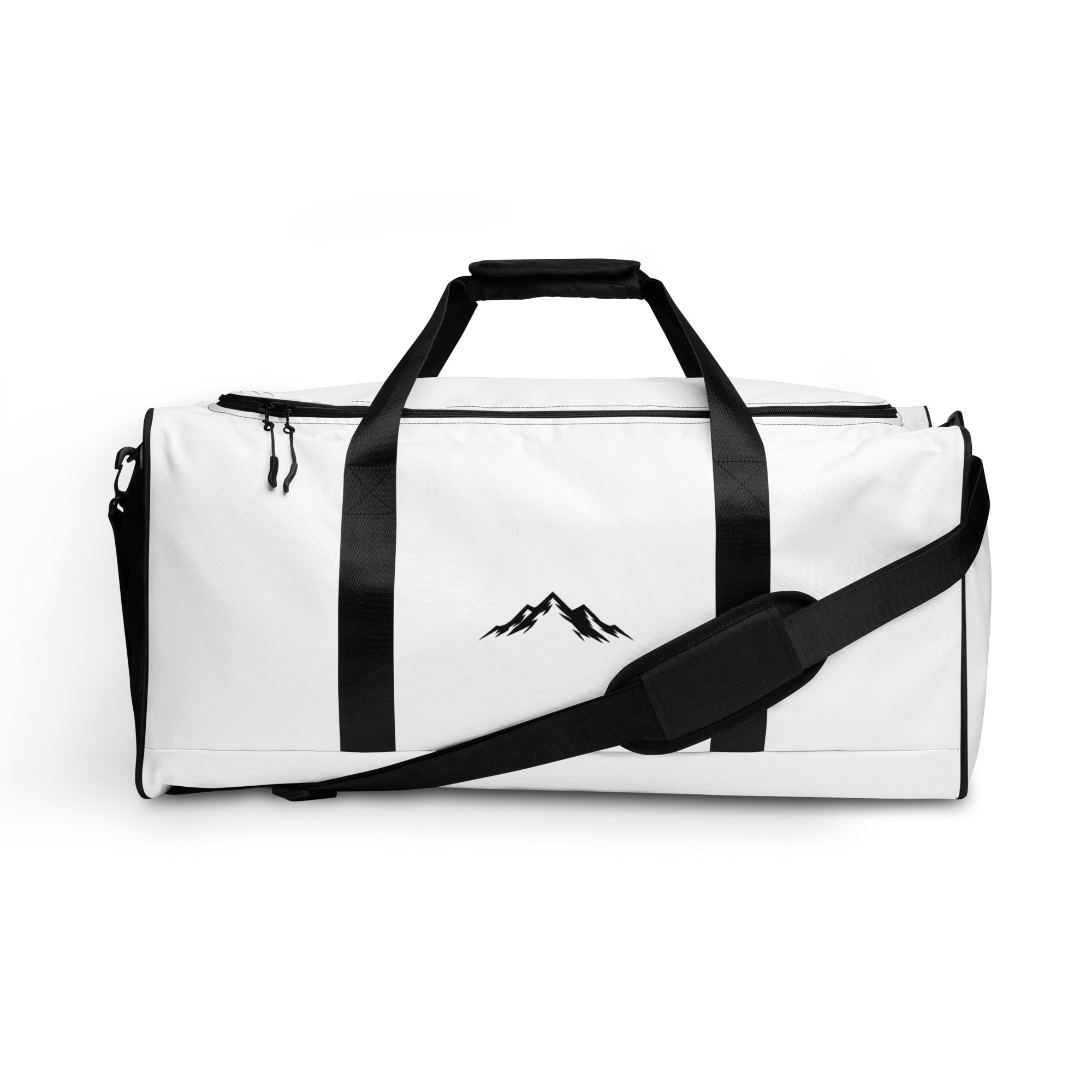 White gym duffel bag with black straps and a skoggl mountain logo on a white background