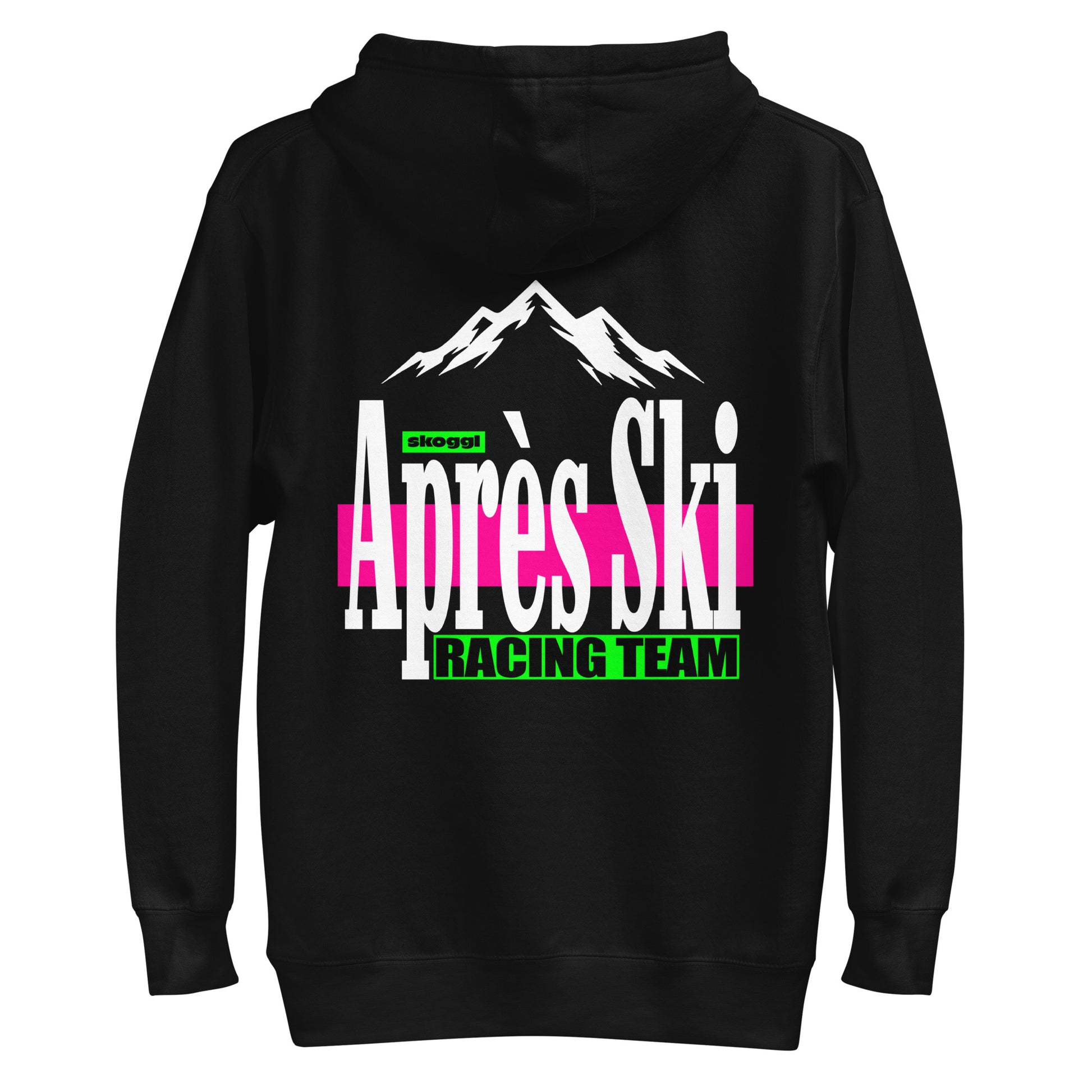 Black hoodie with 'Après Ski Racing Team' text and mountain graphic on the back from Skoggl
