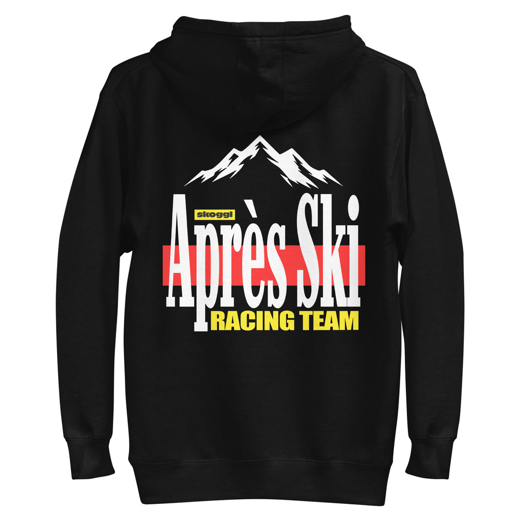 Black hoodie with 'Après Ski Racing Team' text and mountain graphic on the back, brand 'Skoggi' visible.