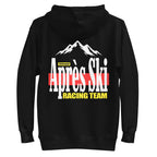 Black hoodie with 'Après Ski Racing Team' text and mountain graphic on the back, brand 'Skoggi' visible.