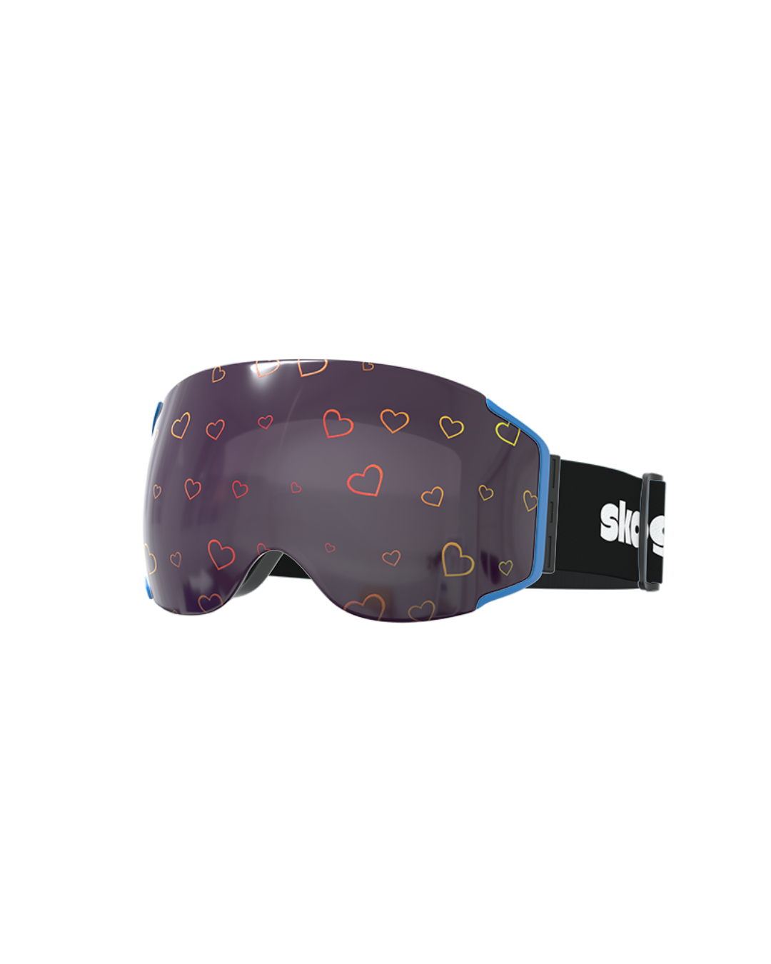A pair of Skoggl custom ski and snowboarding goggles as worn by Paralympian Matt Hamilton at the Milano Cortina 2026 Games. The goggles feature a large, dark spherical lens decorated with a pattern of scattered orange and yellow outlined hearts. The frame is a vibrant sky blue, attached to a wide black adjustable strap with the white "Skoggl" logo visible on the side.