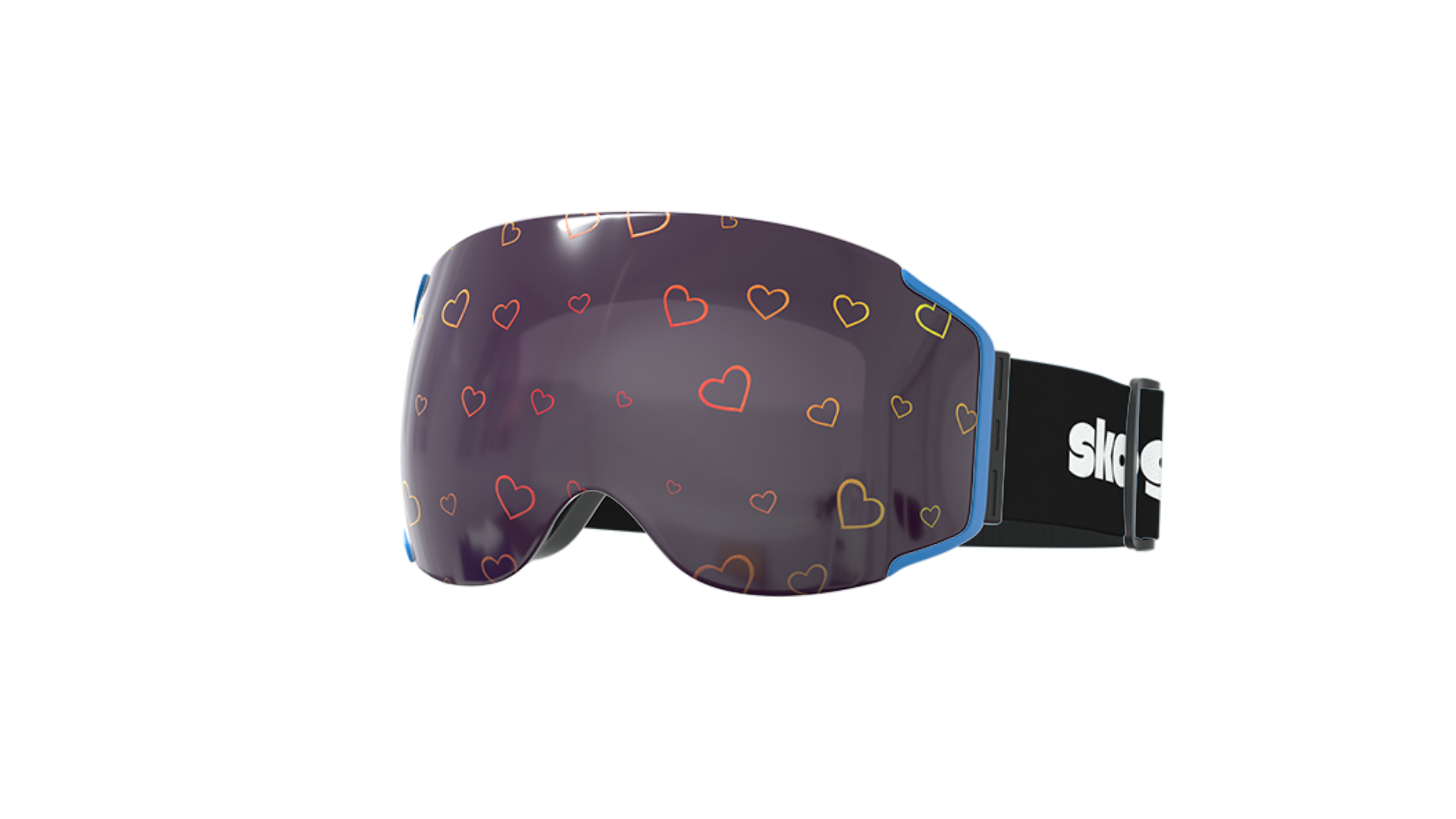 A pair of Skoggl custom ski and snowboarding goggles as worn by Paralympian Matt Hamilton at the Milano Cortina 2026 Games. The goggles feature a large, dark spherical lens decorated with a pattern of scattered orange and yellow outlined hearts. The frame is a vibrant sky blue, attached to a wide black adjustable strap with the white "Skoggl" logo visible on the side.