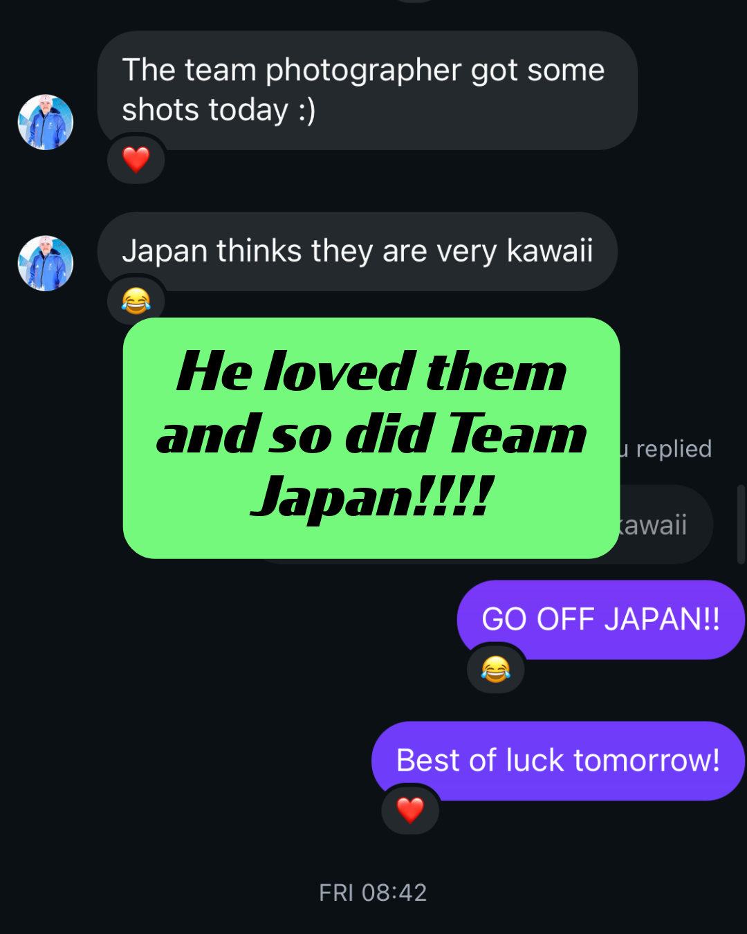 A screenshot of a text conversation where Matt Hamilton tells Skoggl that "Japan thinks [the ski and snowboard goggles] are very kawaii." The brand responds enthusiastically with "GO OFF JAPAN!!" A green overlay reads, "He loved them and so did Team Japan!!!!"