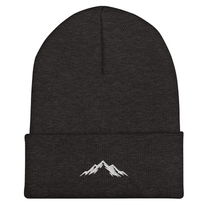 Black beanie with skoggl mountain logo on a white background