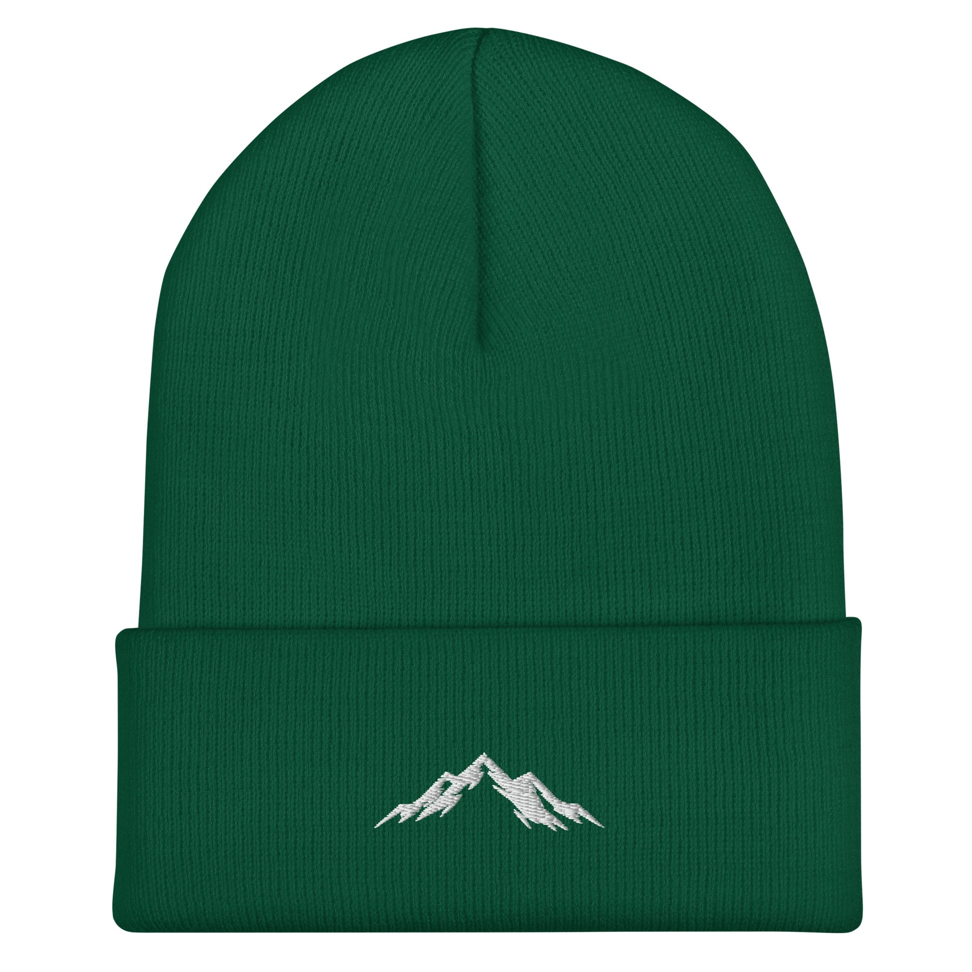 Green beanie with skoggl mountain design on a white background