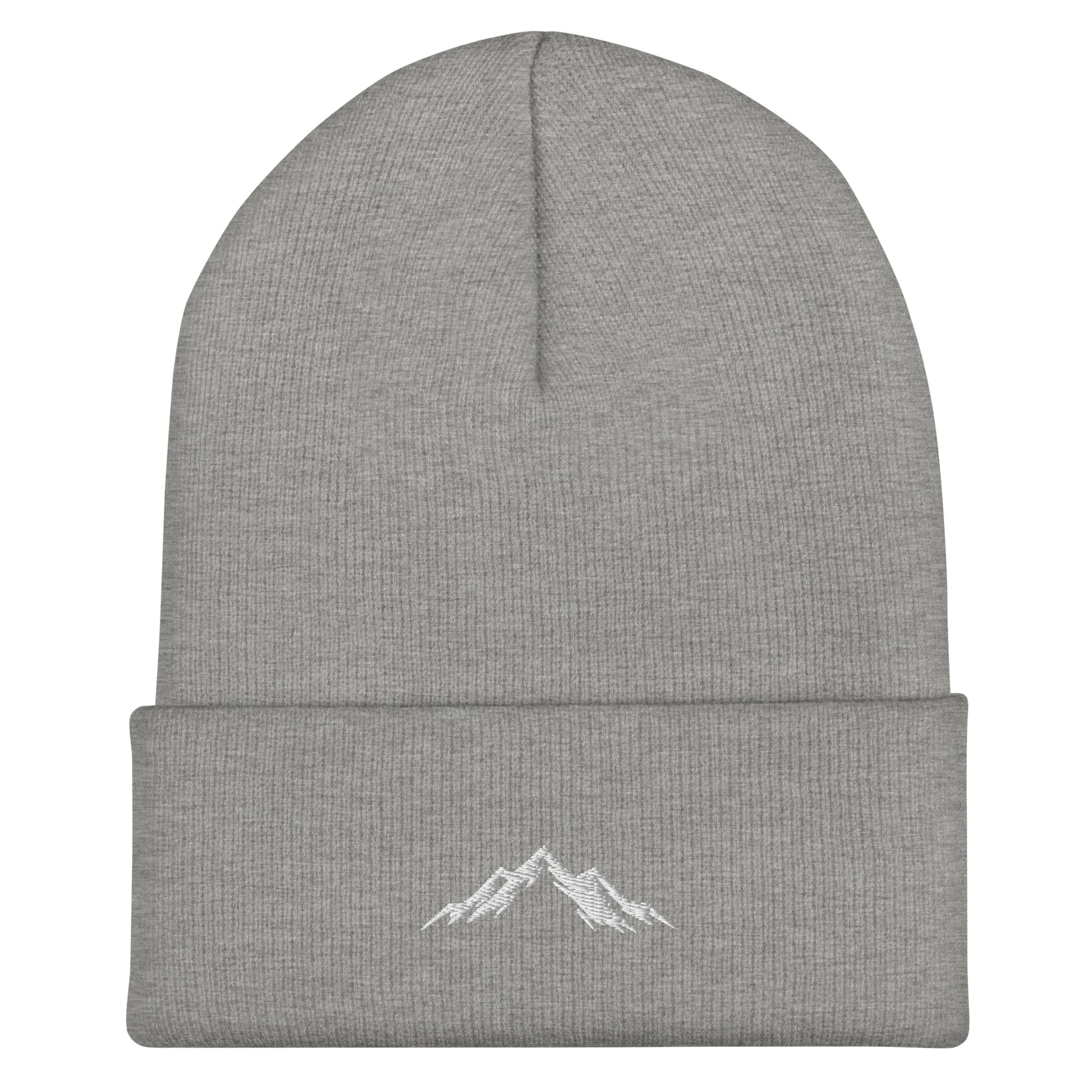 Gray beanie with skoggl logo mountain embroidery on a white background