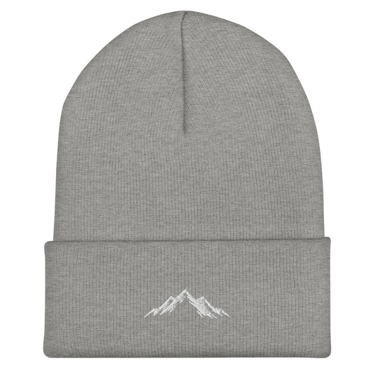 Gray beanie with skoggl logo mountain embroidery on a white background