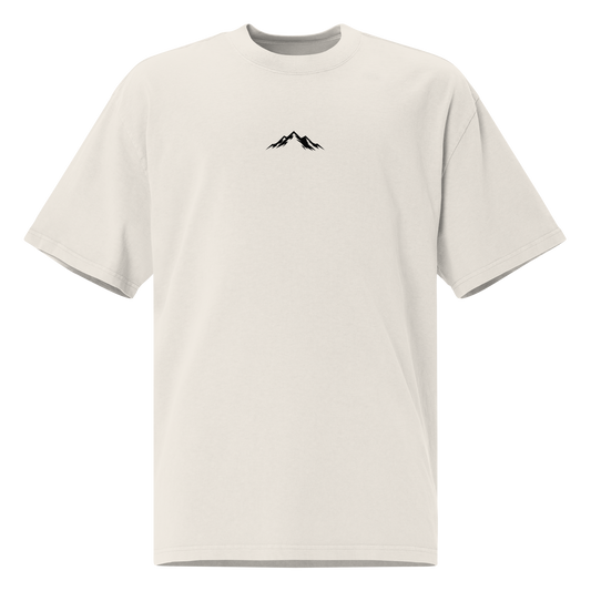 White t-shirt with a black mountain logo on a white background