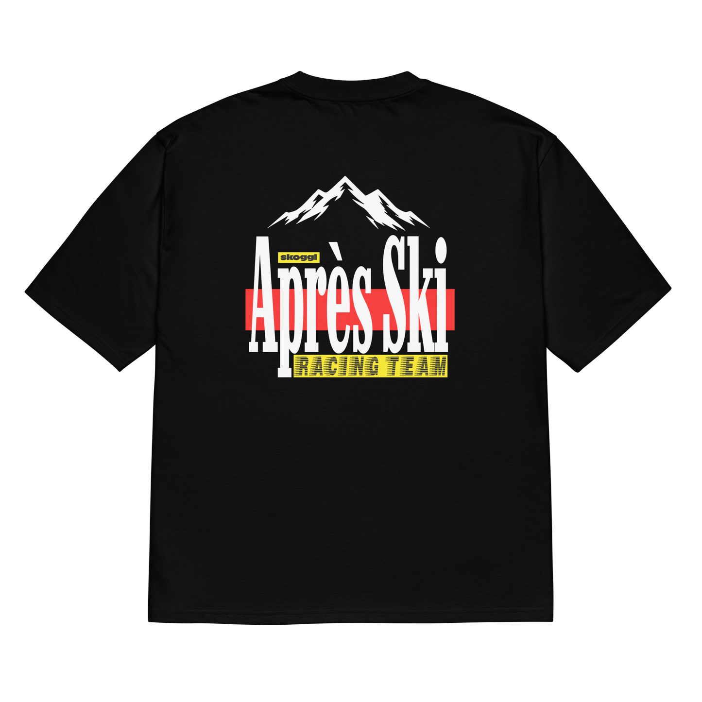 Black t-shirt with 'Après Ski Racing Team' graphic on a white background