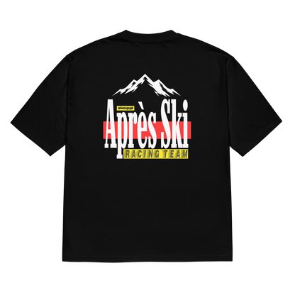 Black t-shirt with 'Après Ski Racing Team' graphic on a white background