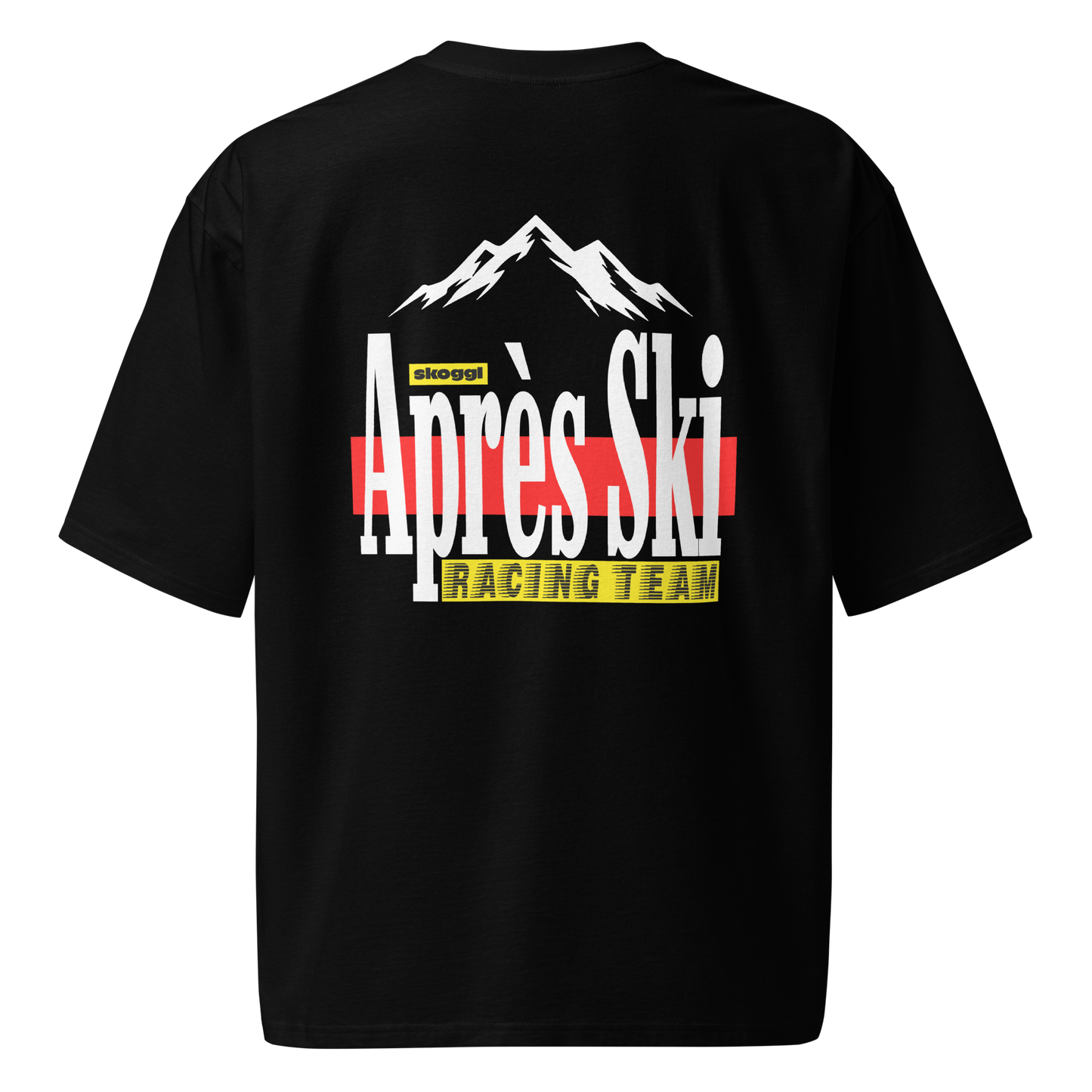 Black t-shirt with 'Après Ski Racing Team' graphic on a white background