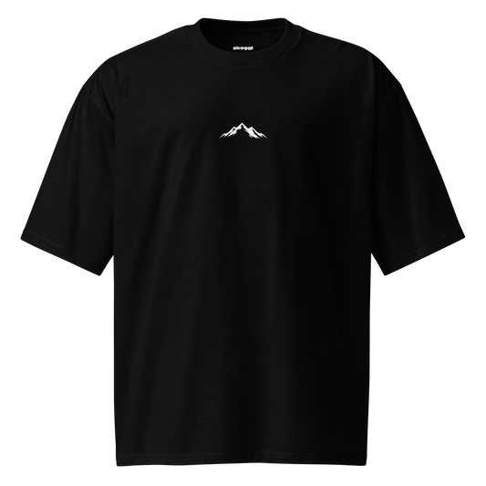 Black t-shirt with a white mountain graphic on a white background