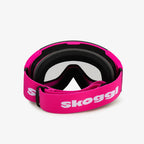 Pink ski goggles with a wide pink strap featuring the word 'Skoggl', shown from the back. Clear lenses are visible through the frame, paired with black cushioning for comfort and a secure fit. Perfect for customizable, stylish ski and snowboard gear designed for performance on the slopes.