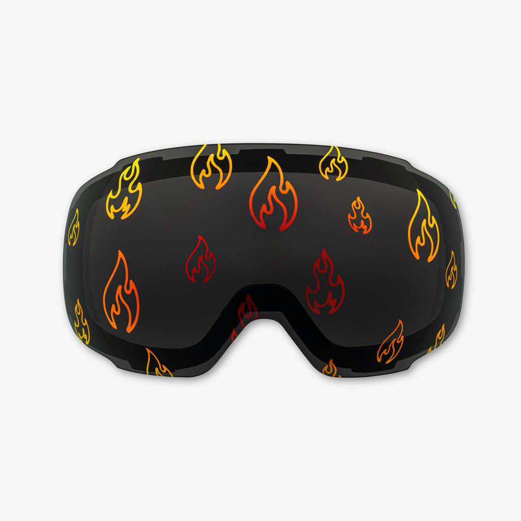 Close-up of the Flame Lens, a magnetic ski and snowboard goggle lens featuring bold fire designs. Showcases the easy-swap magnetic feature, elegant patterns, and high-performance clarity for style and adaptability in all winter conditions. Perfect for pairing with Skoggl frames.