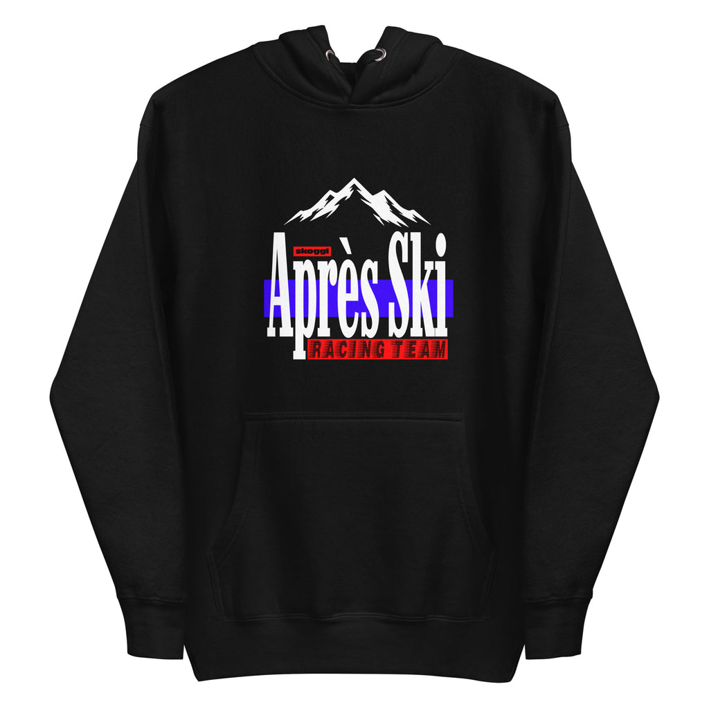 Black Skoggl hoodie with “Après Ski Racing Team” logo and mountain graphic, photographed on a white background