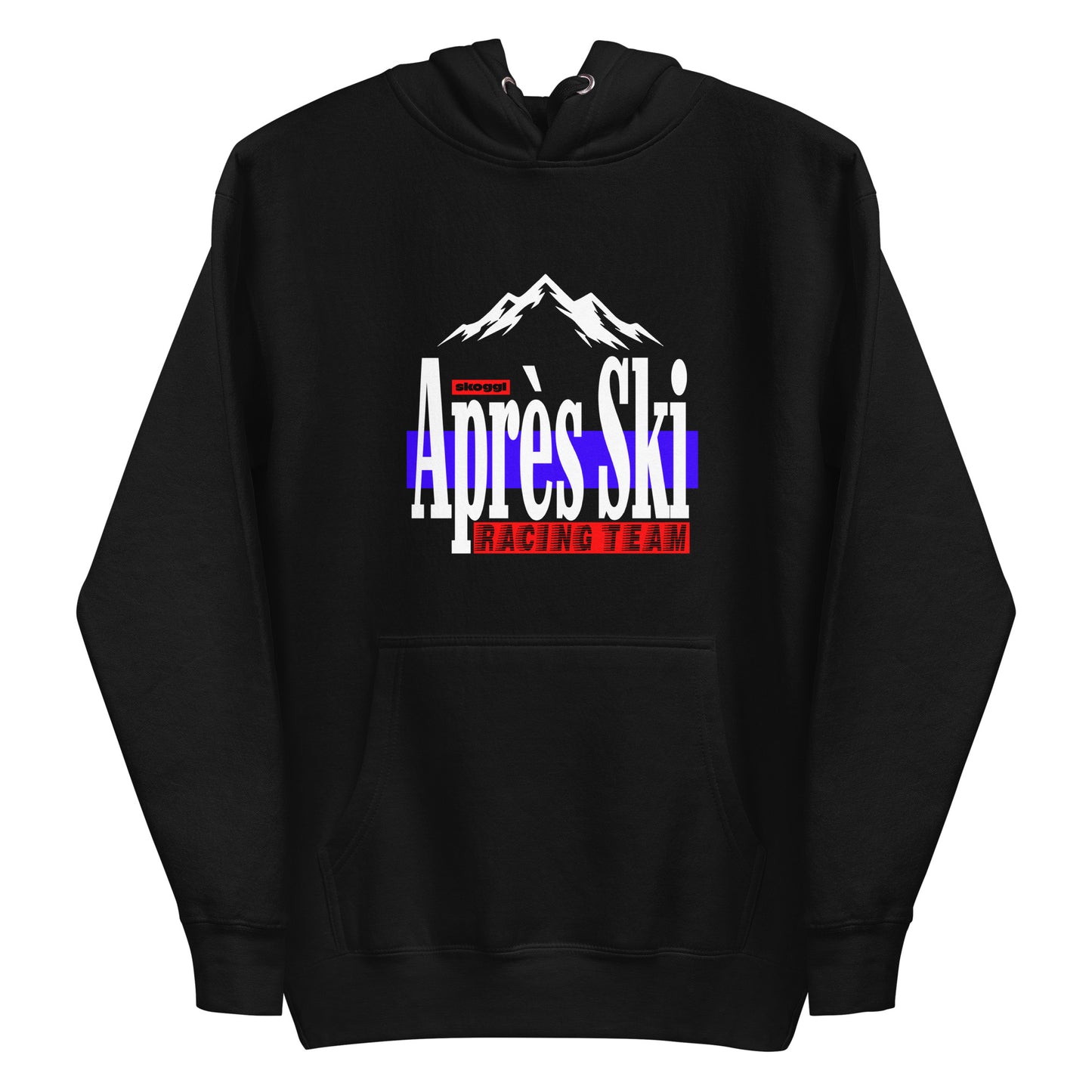 Black Skoggl hoodie with “Après Ski Racing Team” logo and mountain graphic, photographed on a white background