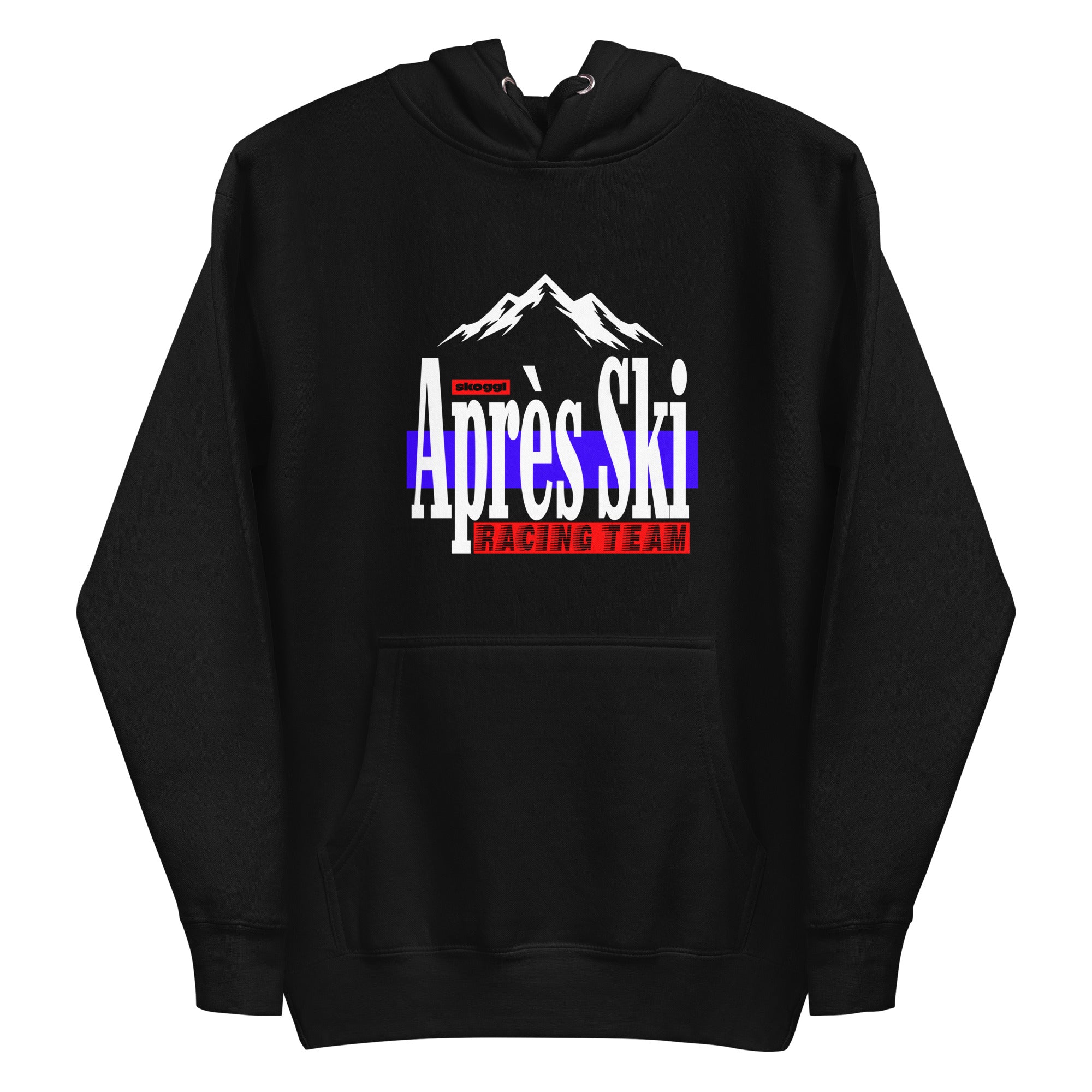 Black Skoggl hoodie with “Après Ski Racing Team” logo and mountain graphic, photographed on a white background