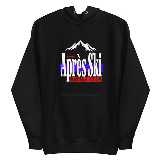 Black Skoggl hoodie with “Après Ski Racing Team” logo and mountain graphic, photographed on a white background