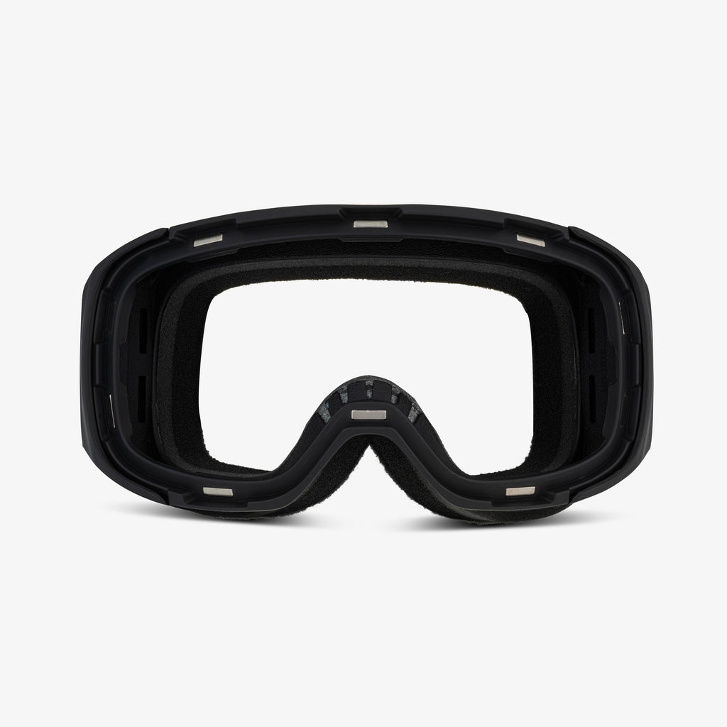Black ski and snowboard goggle frame with an empty lens slot, showcasing the magnetic lens feature for easy swaps. Viewed from the front against a plain white background, highlighting its sleek, customizable design and compatibility with Skoggl lenses and straps for style and performance on the slopes.