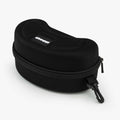 A black, hard, ski goggle case with a zipper and a small hook for attachment. The case has a textured exterior and a logo reading 'Skoggl' on top.