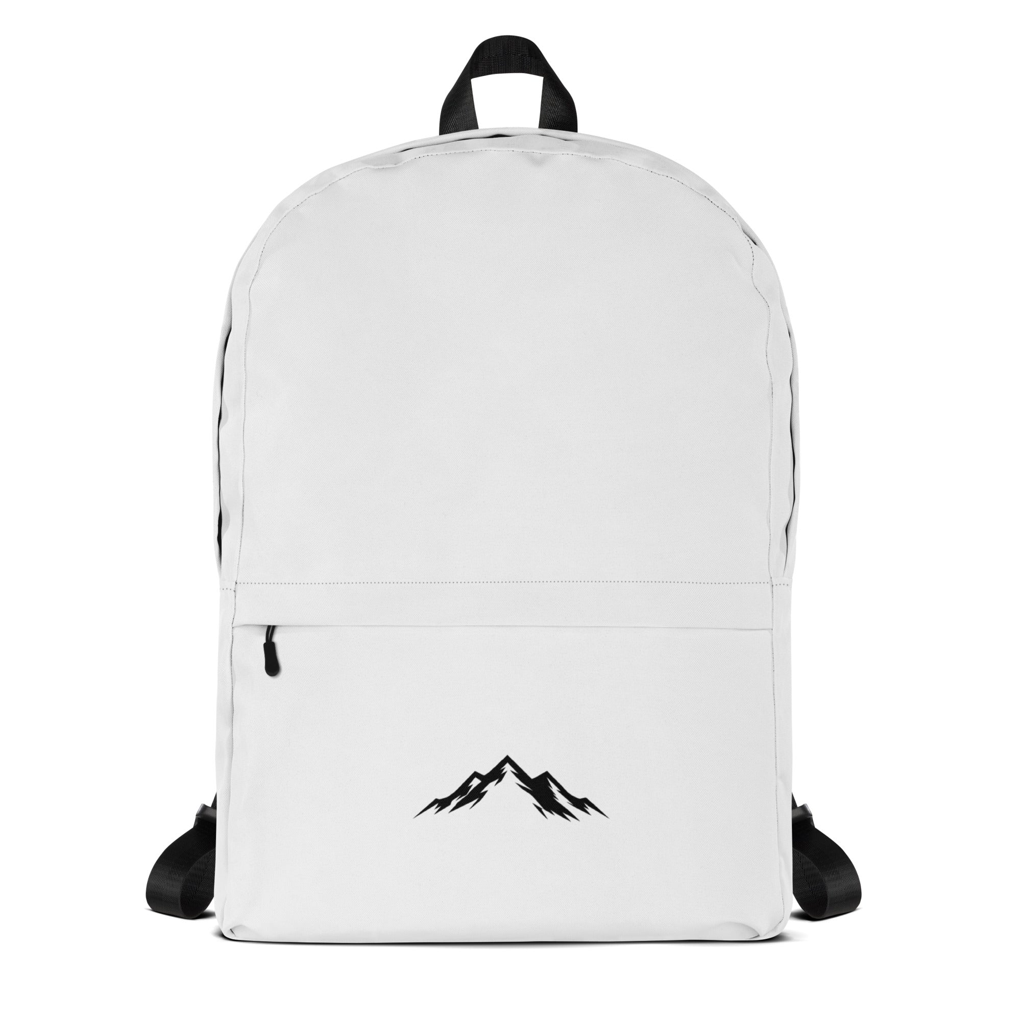 White skoggl backpack with a black mountain design on a white background