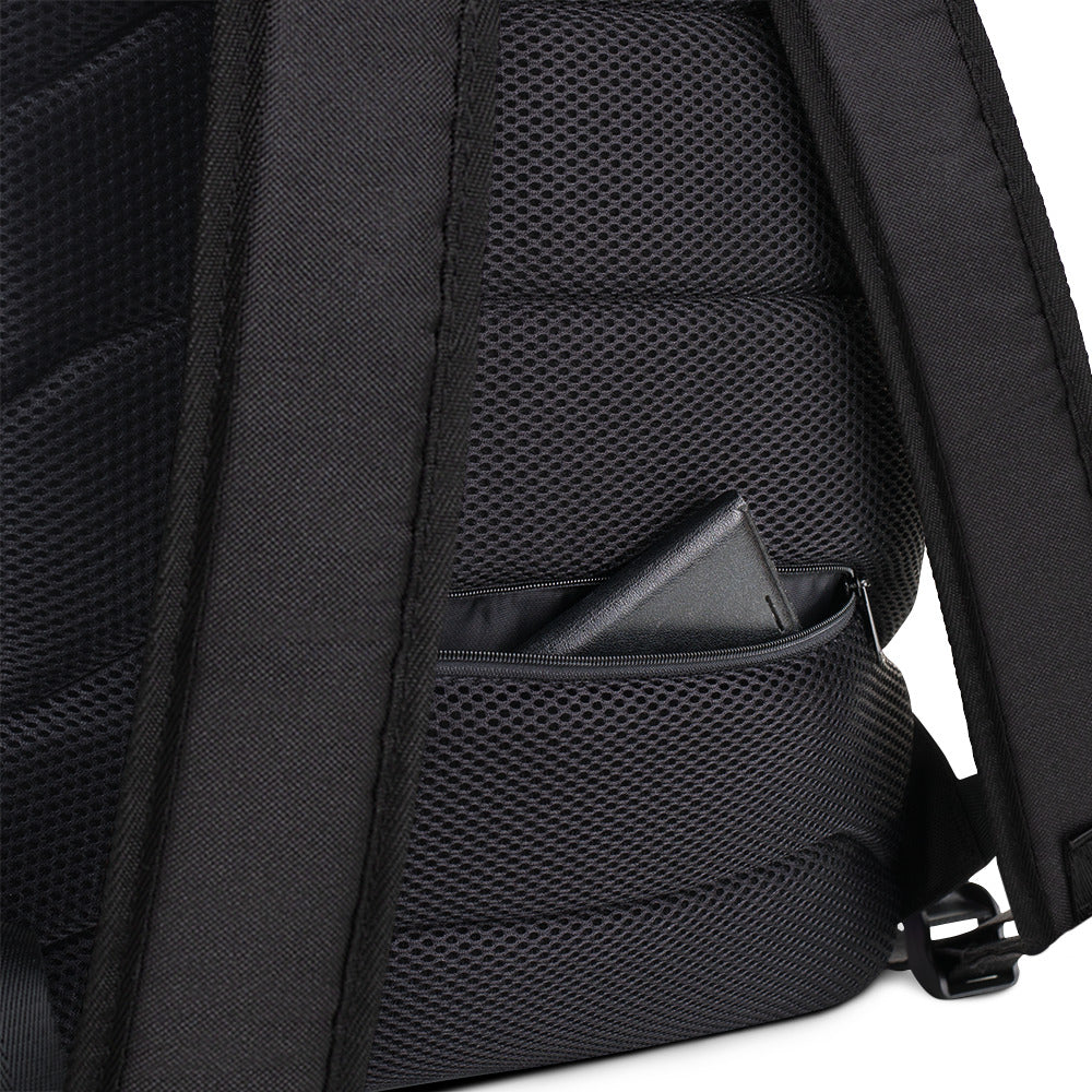 Close-up of a skoggl black backpack with a pocket on a white background