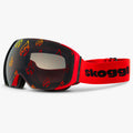 Skoggl Flare Vision ski goggles with magnetic flame-printed lens and red strap – custom snow goggles with anti-fog, UV400 protection, and bold interchangeable design.