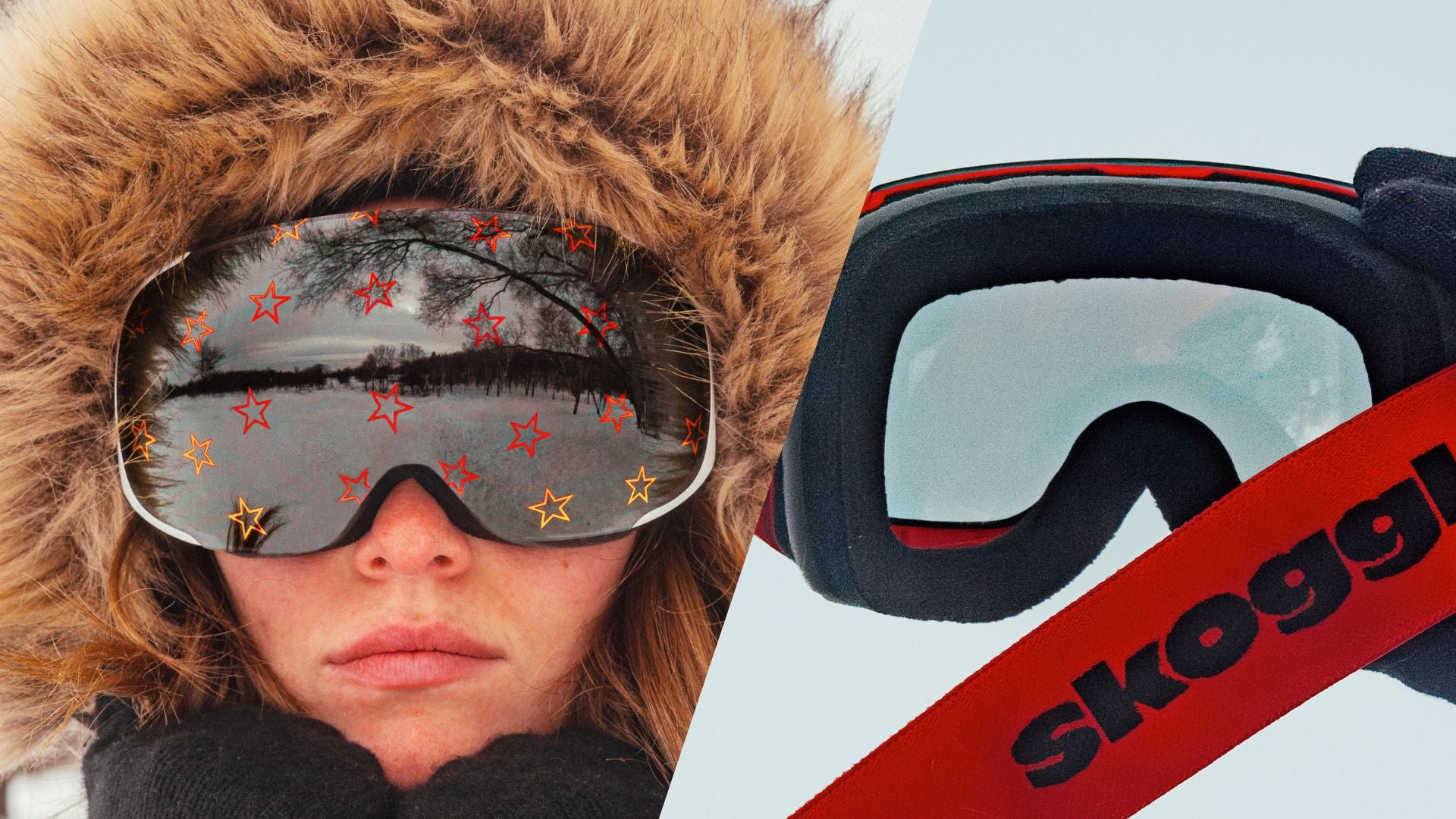 Split-screen image: On the left, a model wearing Skoggl ski and snowboard goggles with a white frame and Starstruck Lens, featuring bold star designs. On the right, a view through the back of Skoggl goggles showcasing the Flame Lens with a clear, unobstructed view. Both highlight magnetic lens systems for easy swaps, vibrant designs, and high-performance clarity, perfect for customizable, eye-catching gear on the slopes.