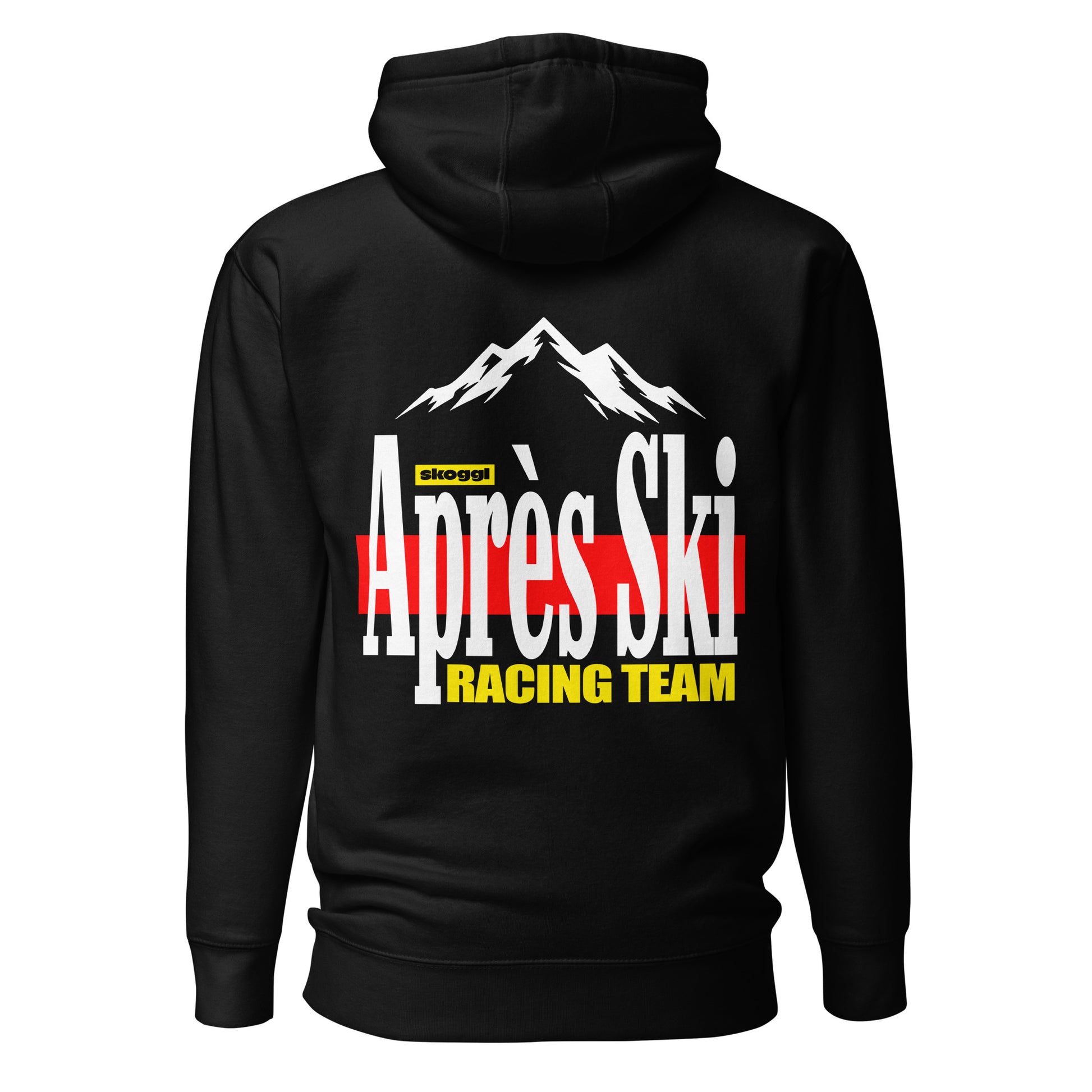 Black hoodie from skoggl with 'Après Ski Racing Team' graphic on the back