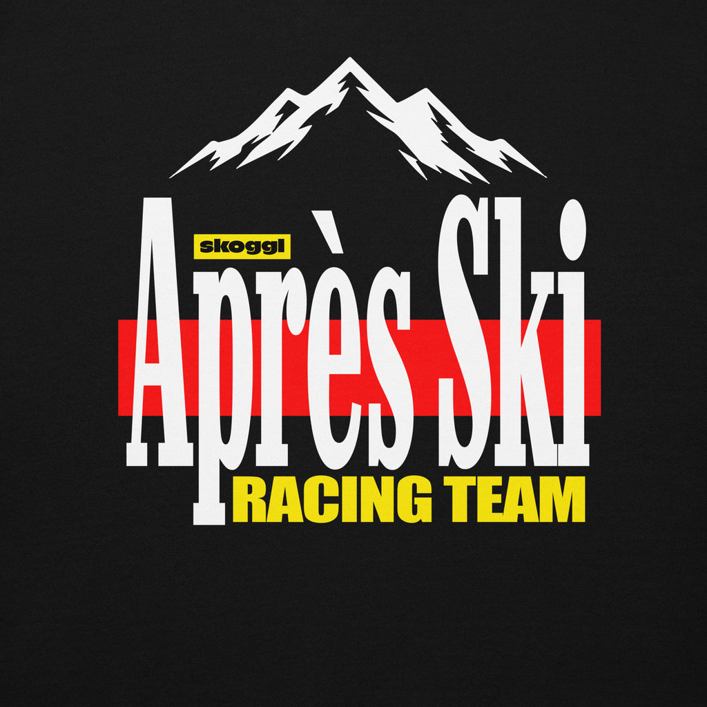 Close up of the black hoodie from skoggl with 'Après Ski Racing Team' graphic on the back